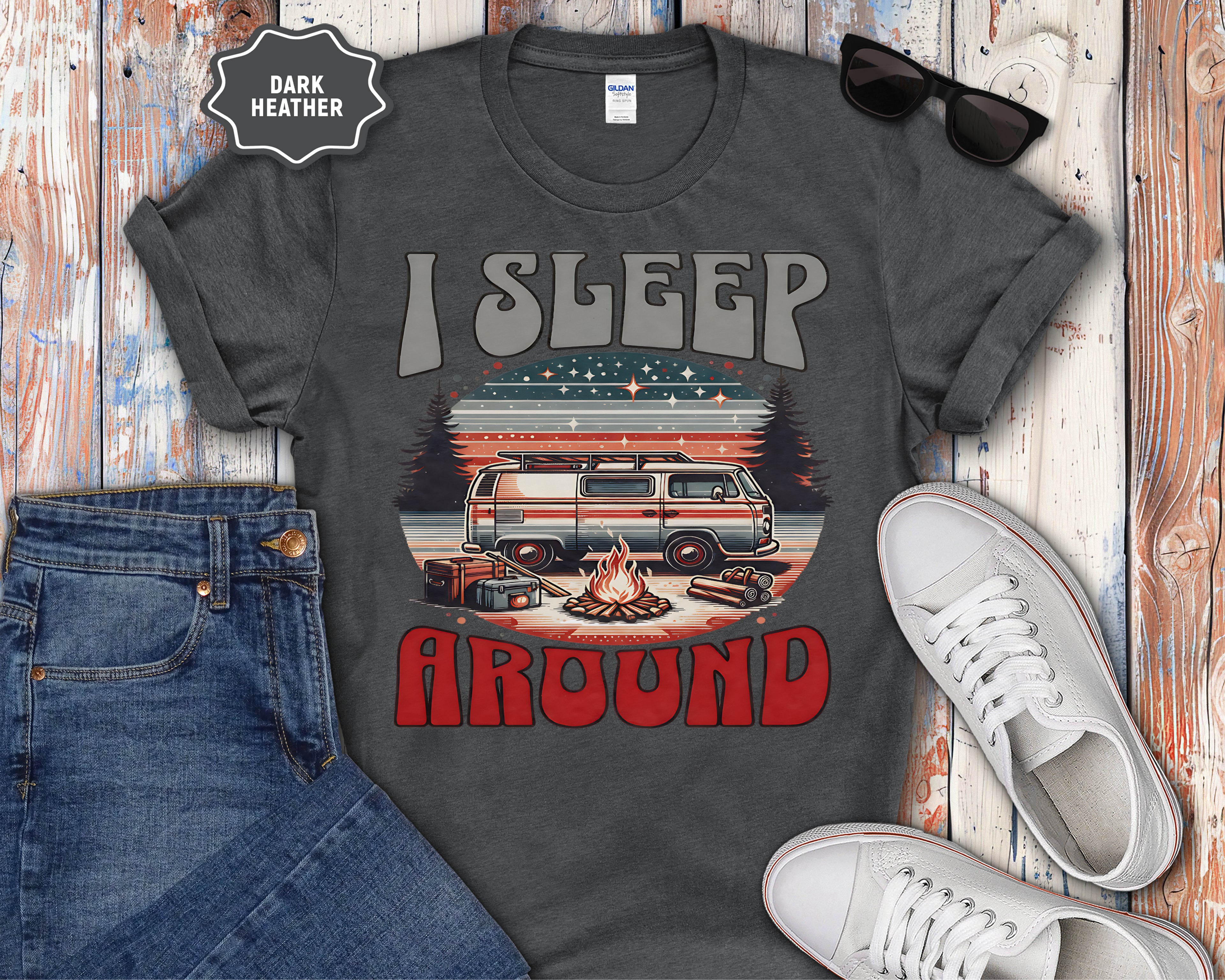 Retro RV I Sleep Around Camping T-Shirt | Vintage Camper Graphic