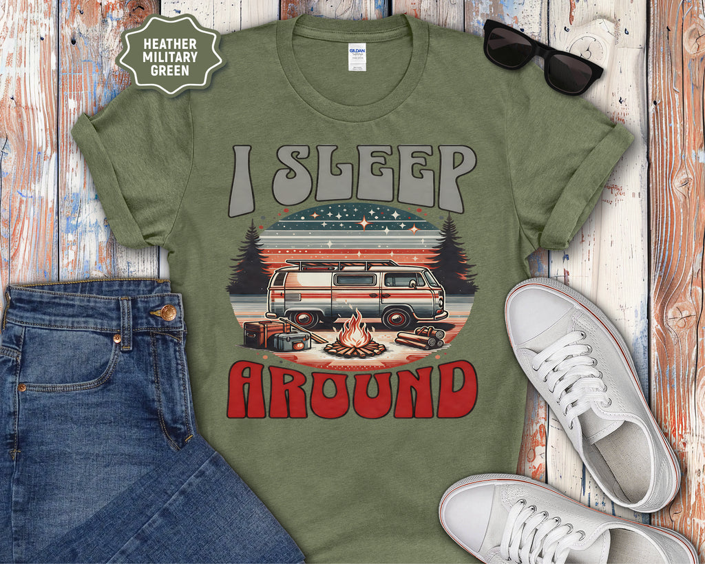 Retro RV I Sleep Around Camping T-Shirt | Vintage Camper Graphic