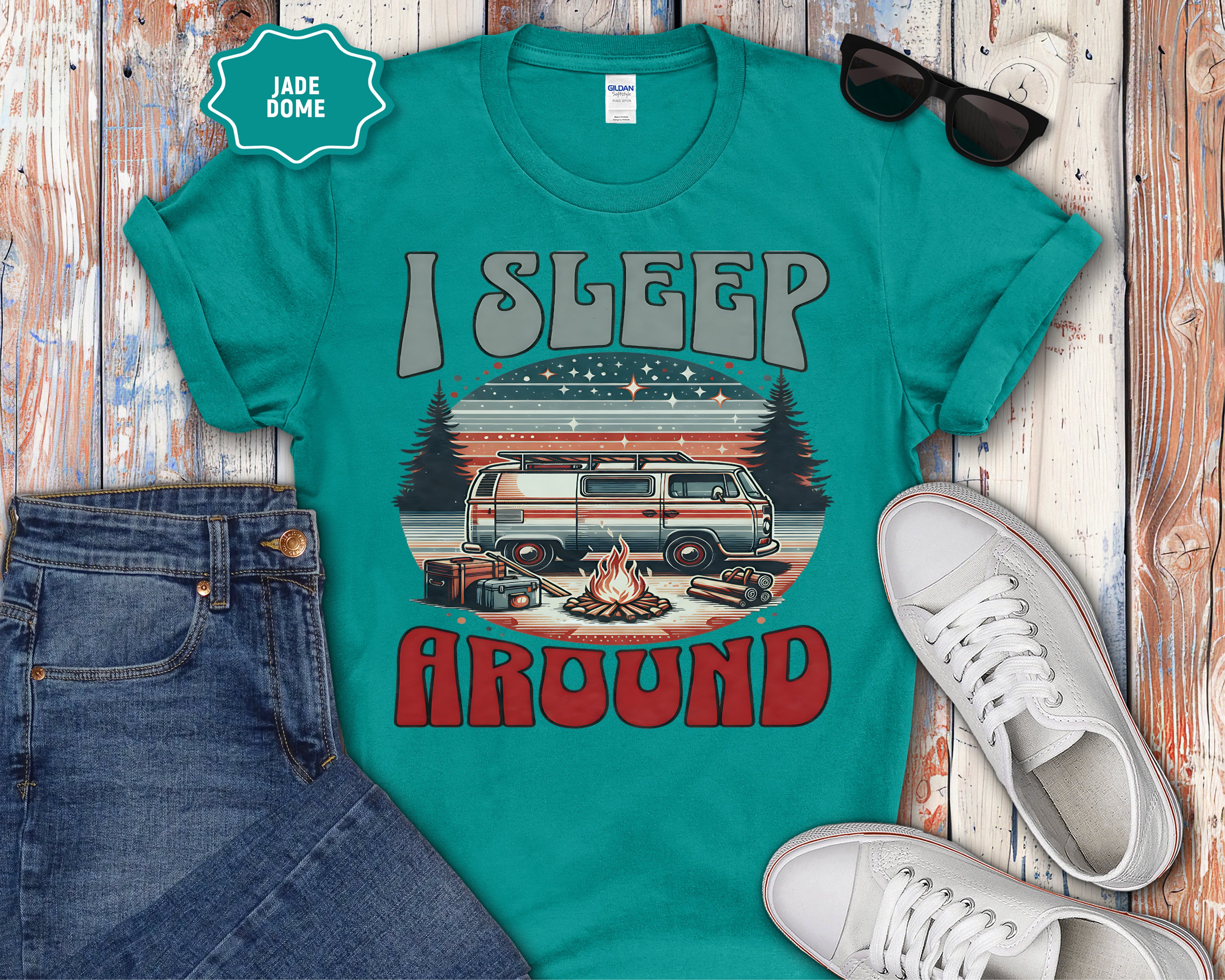 Retro RV I Sleep Around Camping T-Shirt | Vintage Camper Graphic