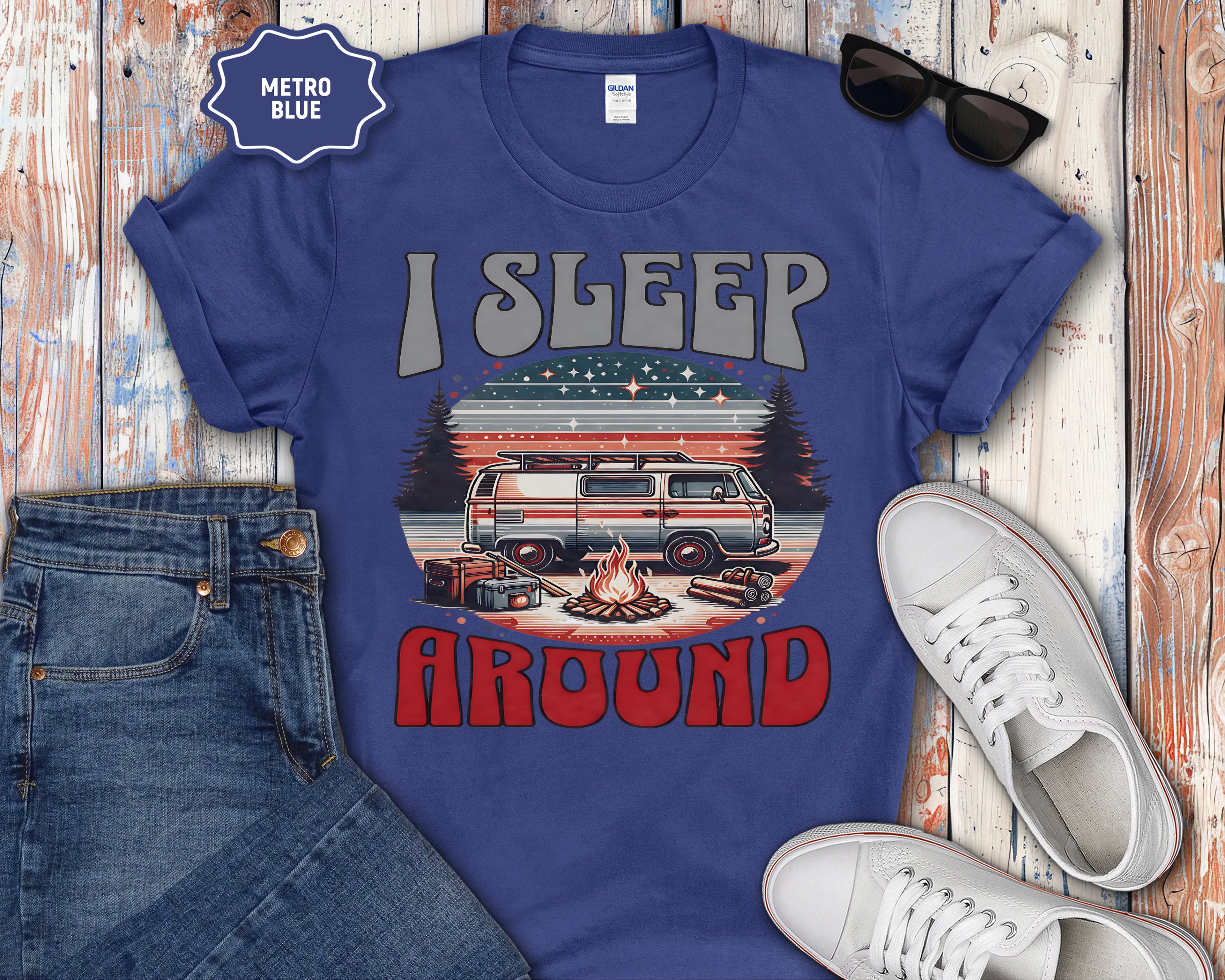 Retro RV I Sleep Around Camping T-Shirt | Vintage Camper Graphic
