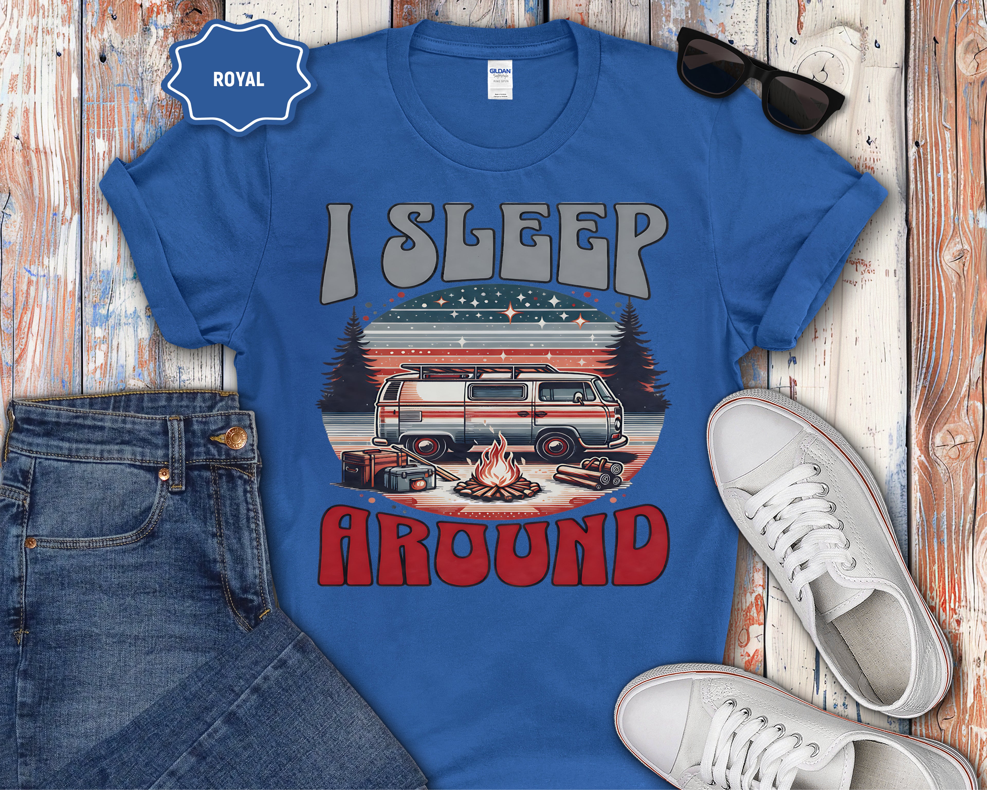 Retro RV I Sleep Around Camping T-Shirt | Vintage Camper Graphic