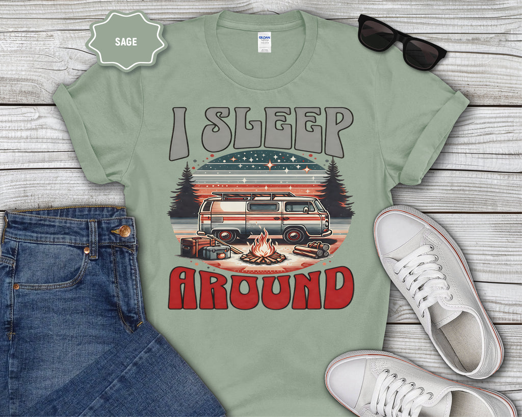 Retro RV I Sleep Around Camping T-Shirt | Vintage Camper Graphic