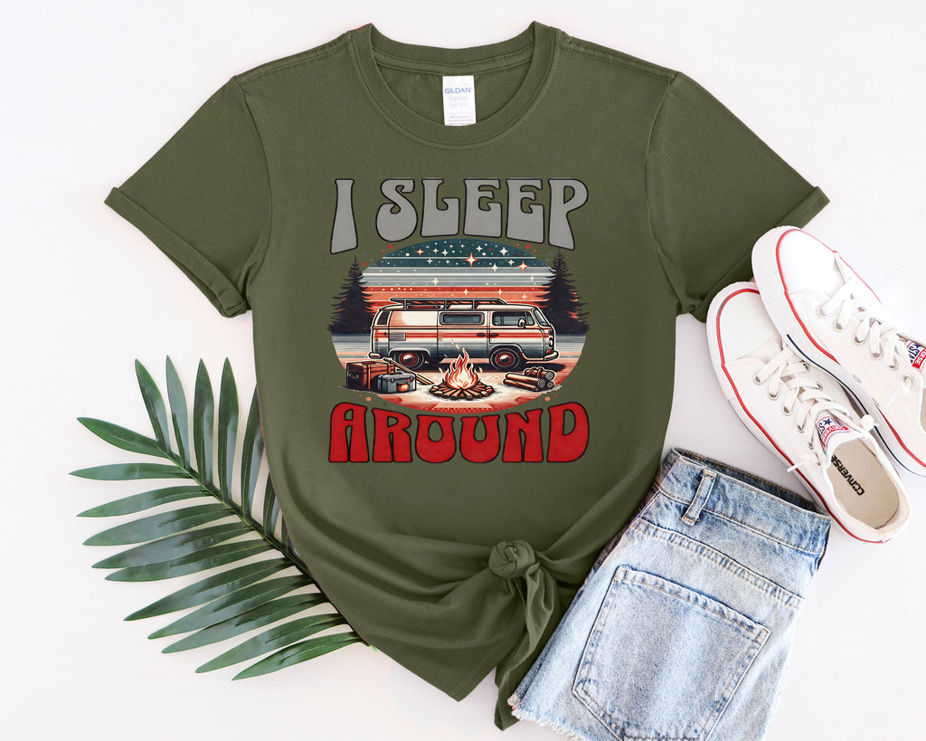 Retro RV I Sleep Around Camping T-Shirt | Vintage Camper Graphic