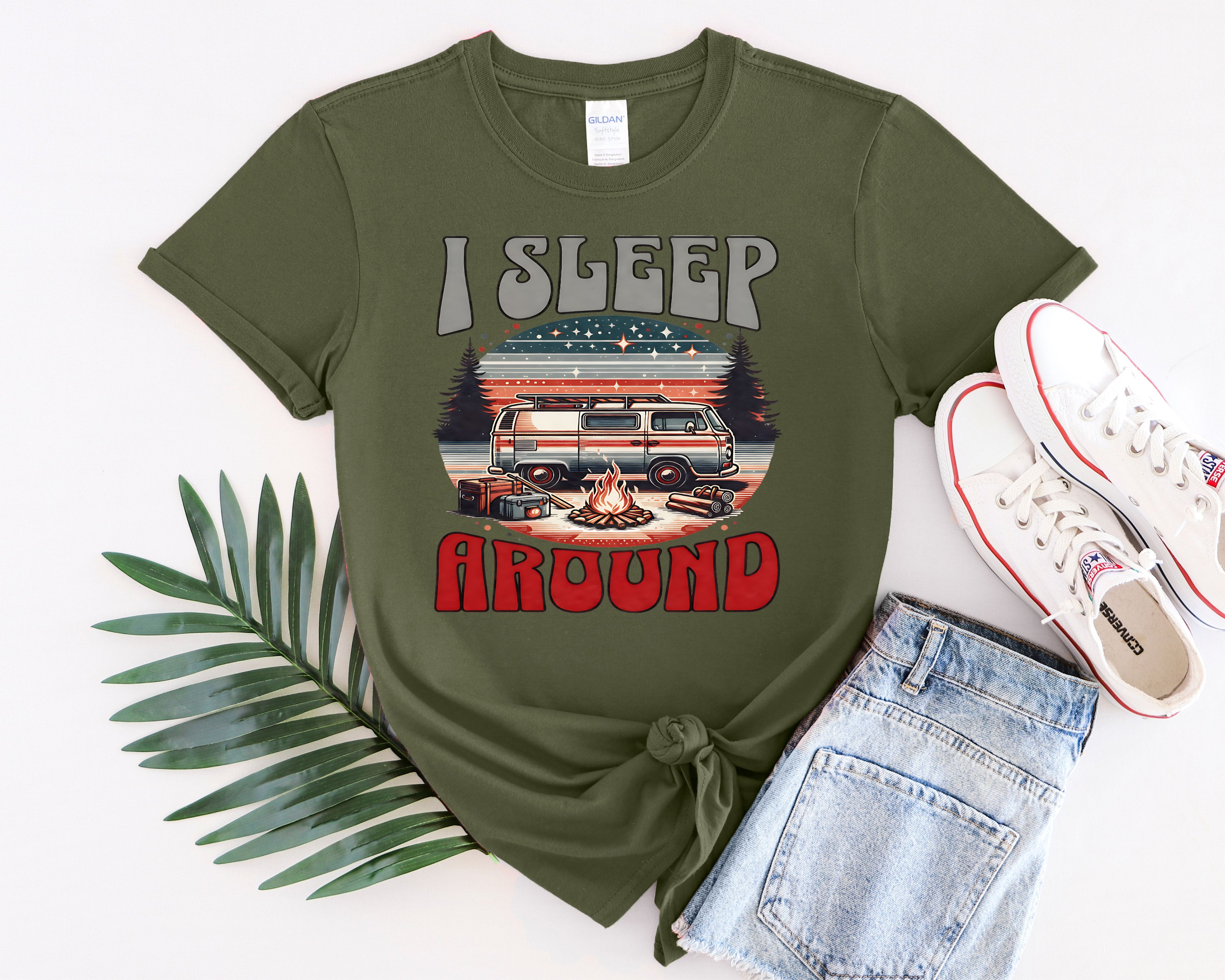 Retro RV I Sleep Around Camping T-Shirt | Vintage Camper Graphic