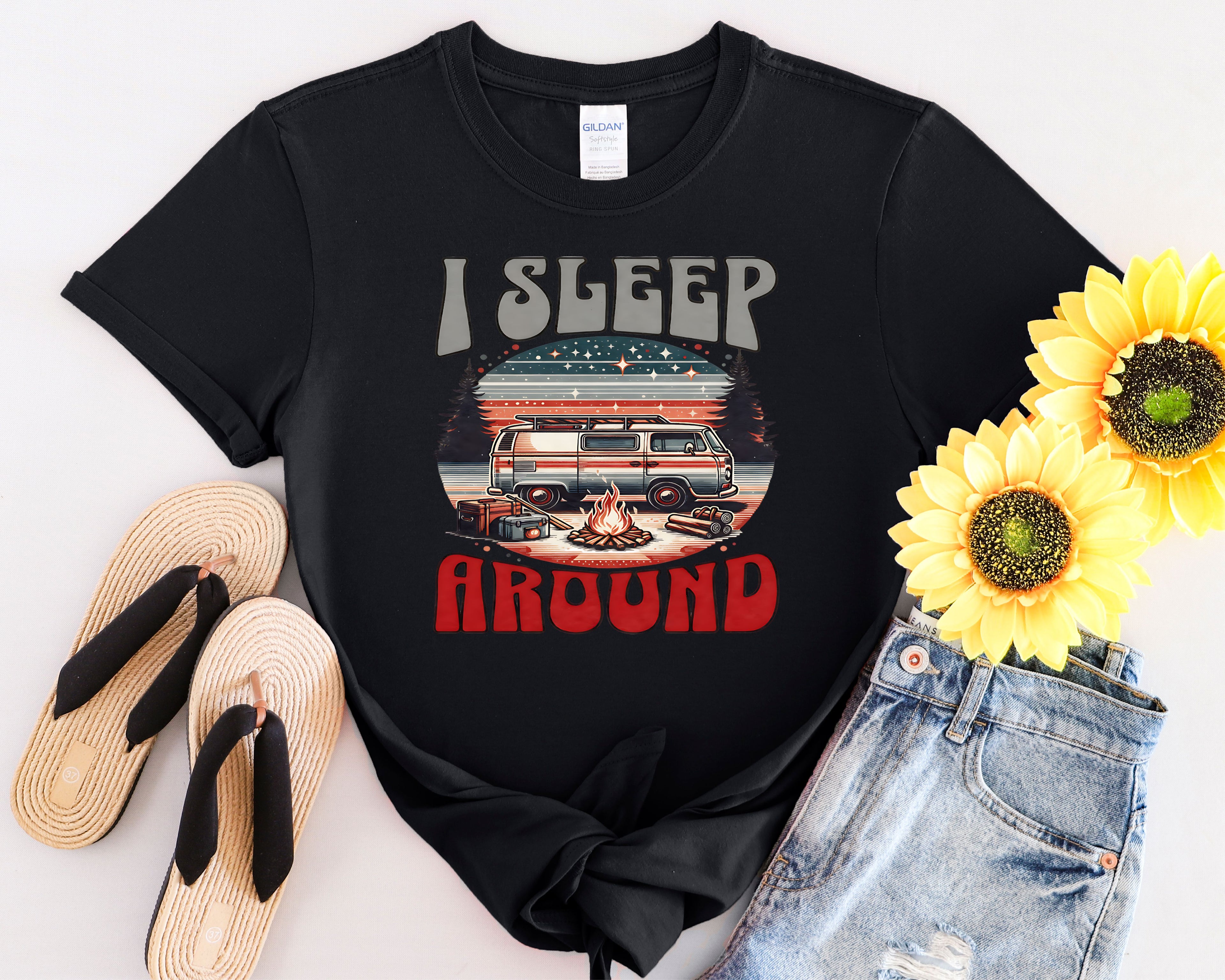 Retro RV I Sleep Around Camping T-Shirt | Vintage Camper Graphic