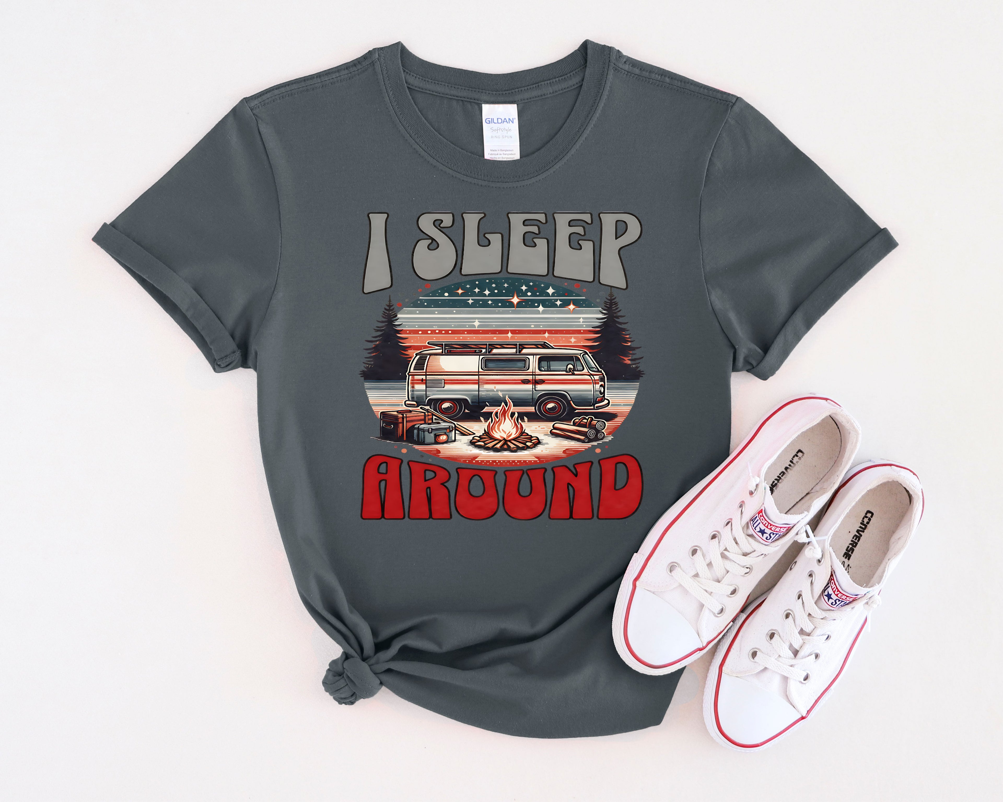 Retro RV I Sleep Around Camping T-Shirt | Vintage Camper Graphic