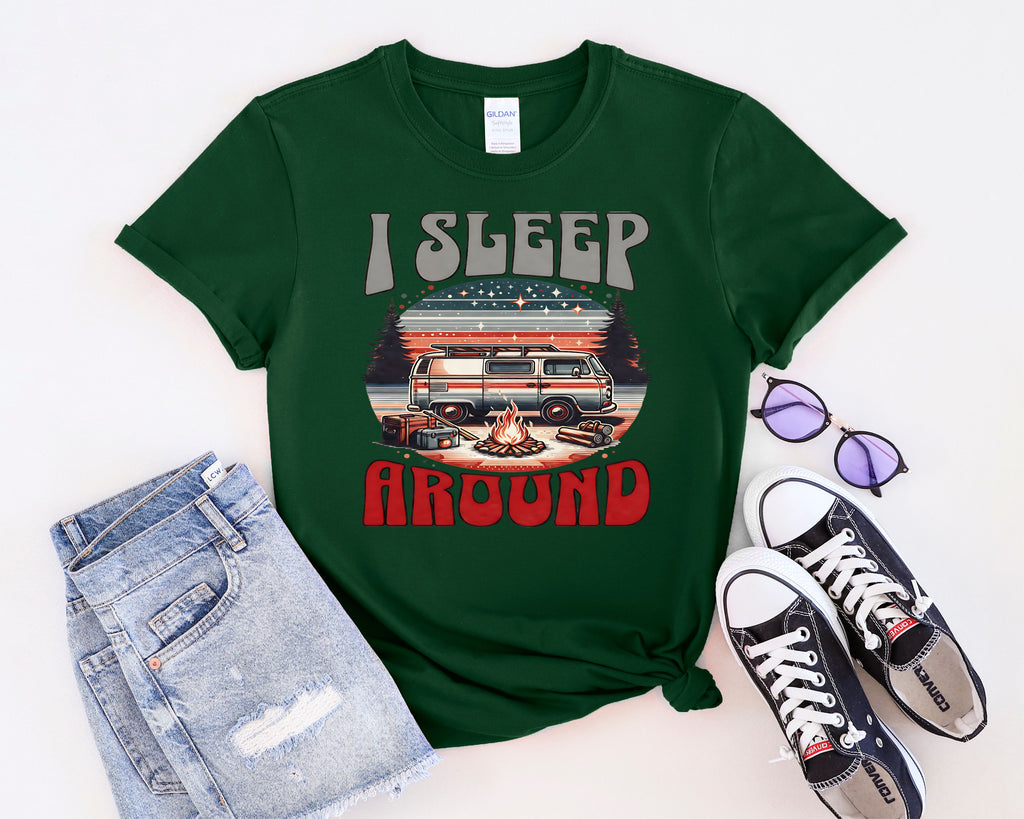 Retro RV I Sleep Around Camping T-Shirt | Vintage Camper Graphic
