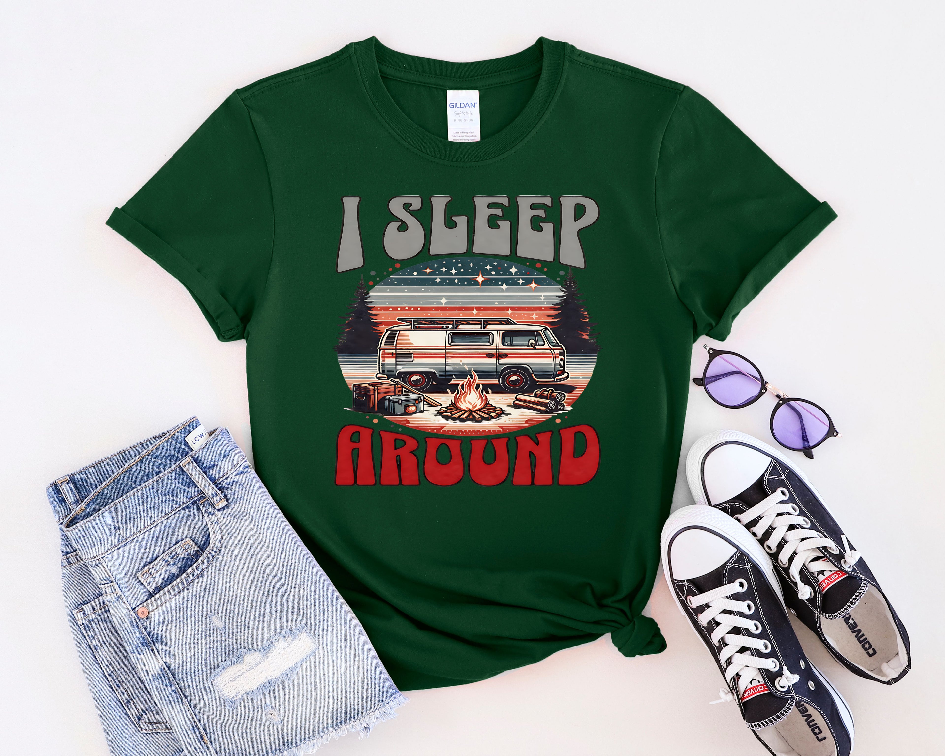 Retro RV I Sleep Around Camping T-Shirt | Vintage Camper Graphic