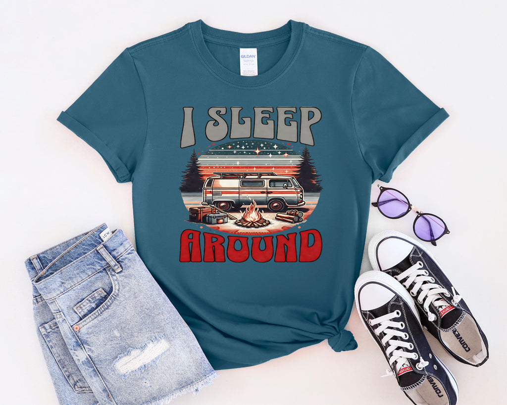 Retro RV I Sleep Around Camping T-Shirt | Vintage Camper Graphic