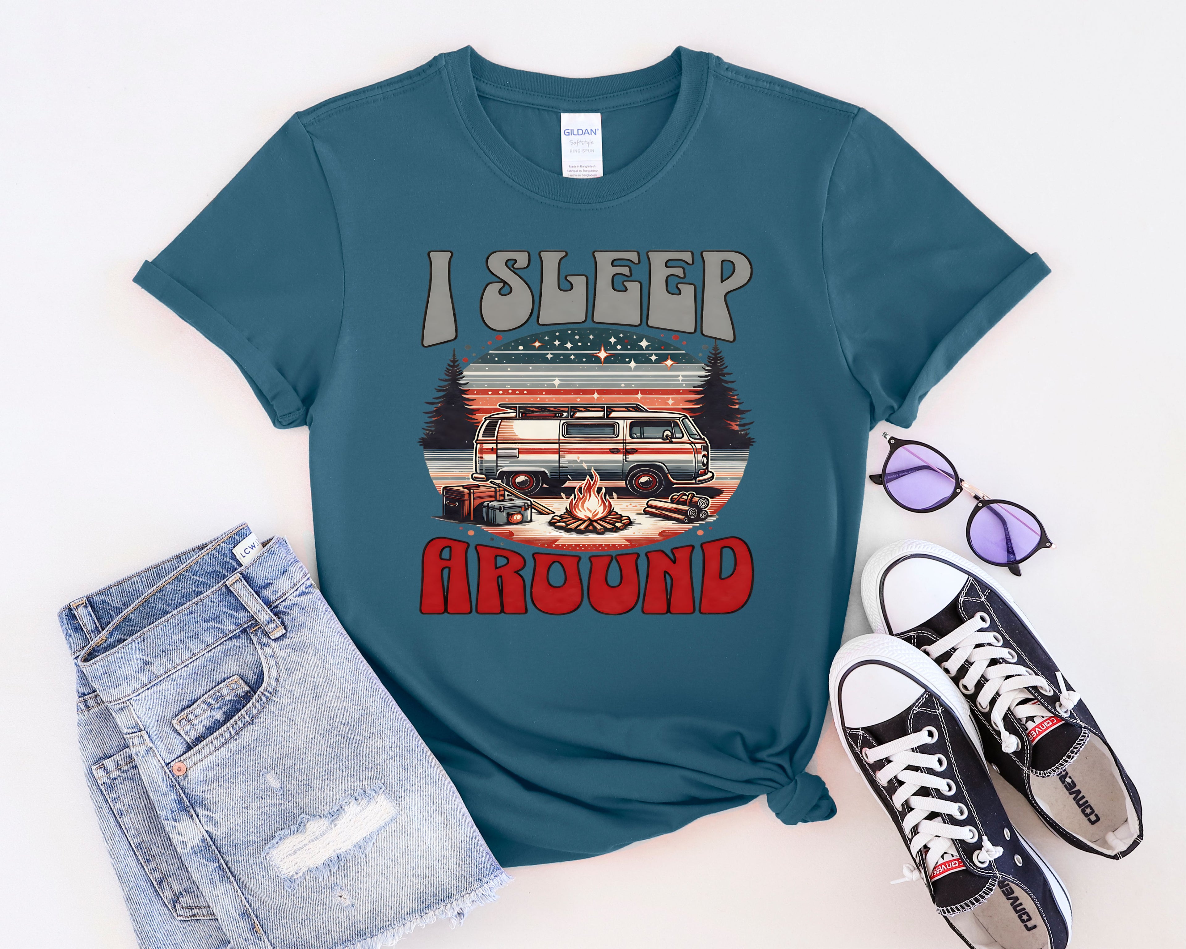 Retro RV I Sleep Around Camping T-Shirt | Vintage Camper Graphic
