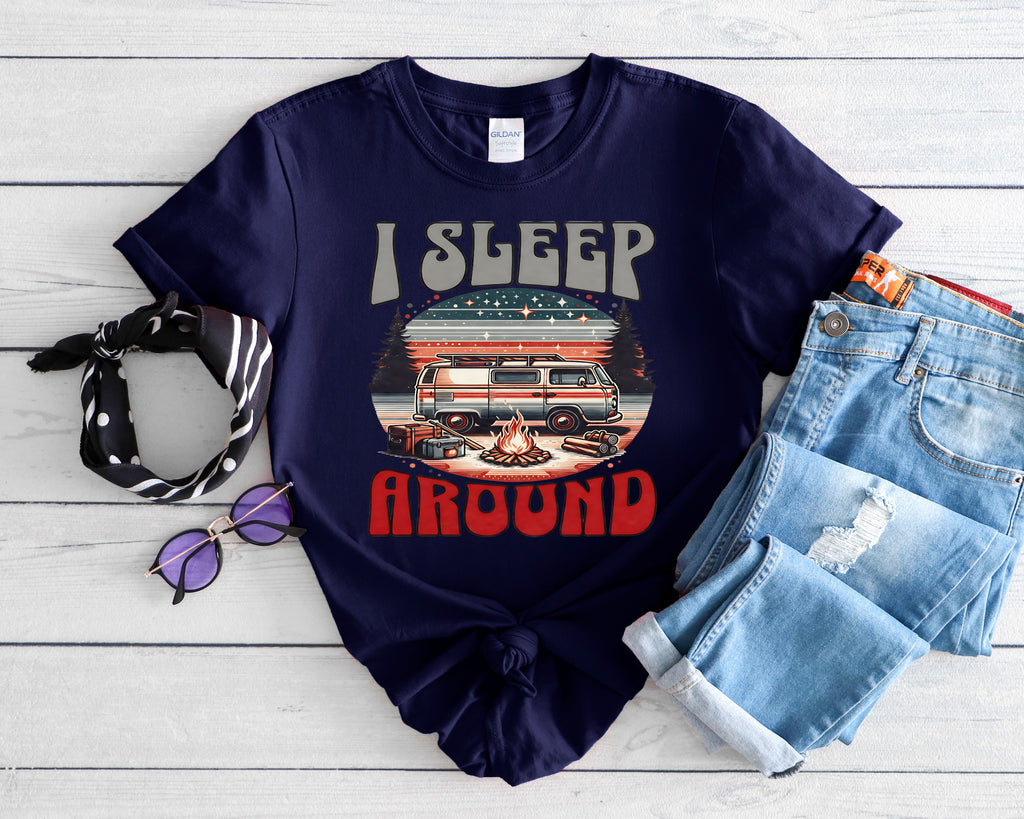 Retro RV I Sleep Around Camping T-Shirt | Vintage Camper Graphic