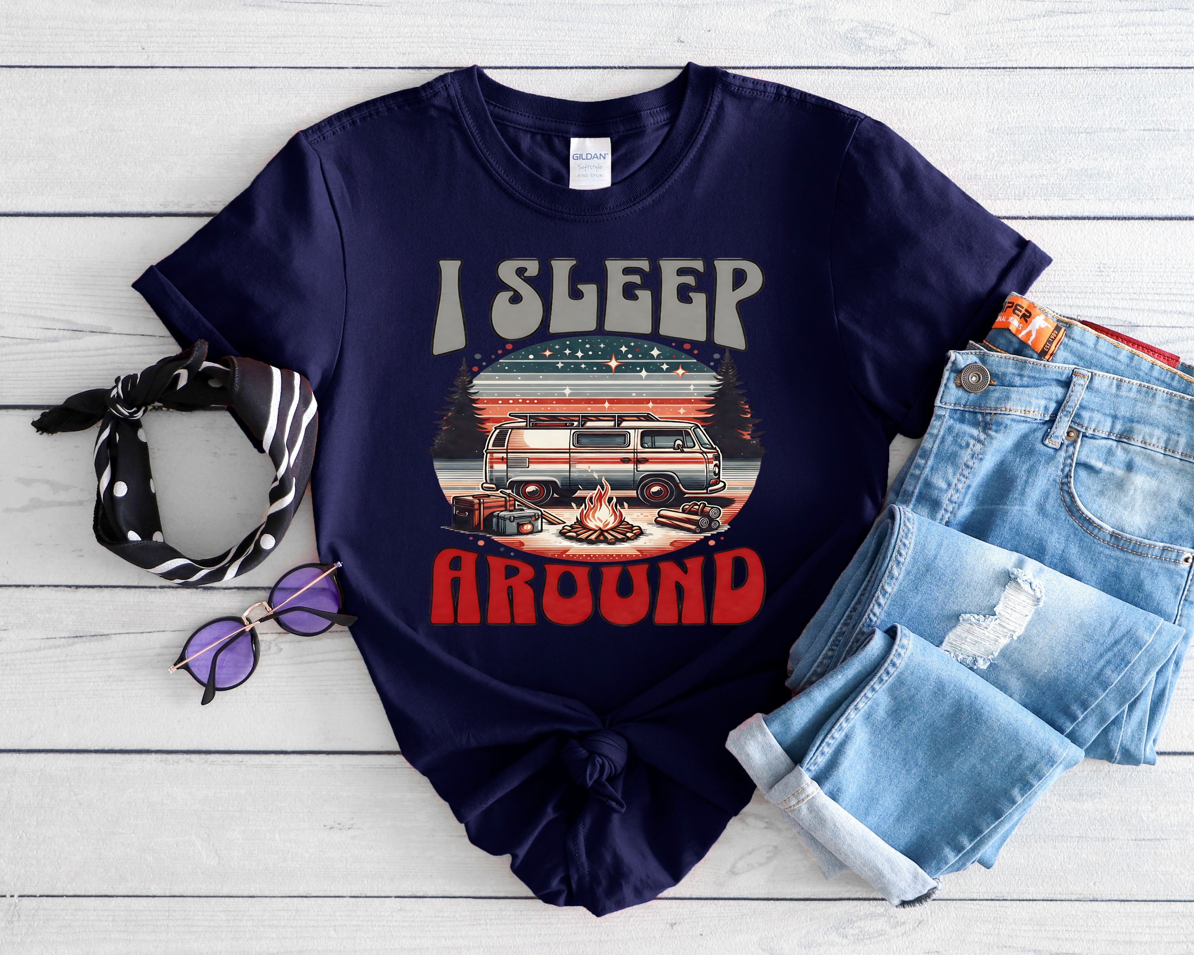 Retro RV I Sleep Around Camping T-Shirt | Vintage Camper Graphic