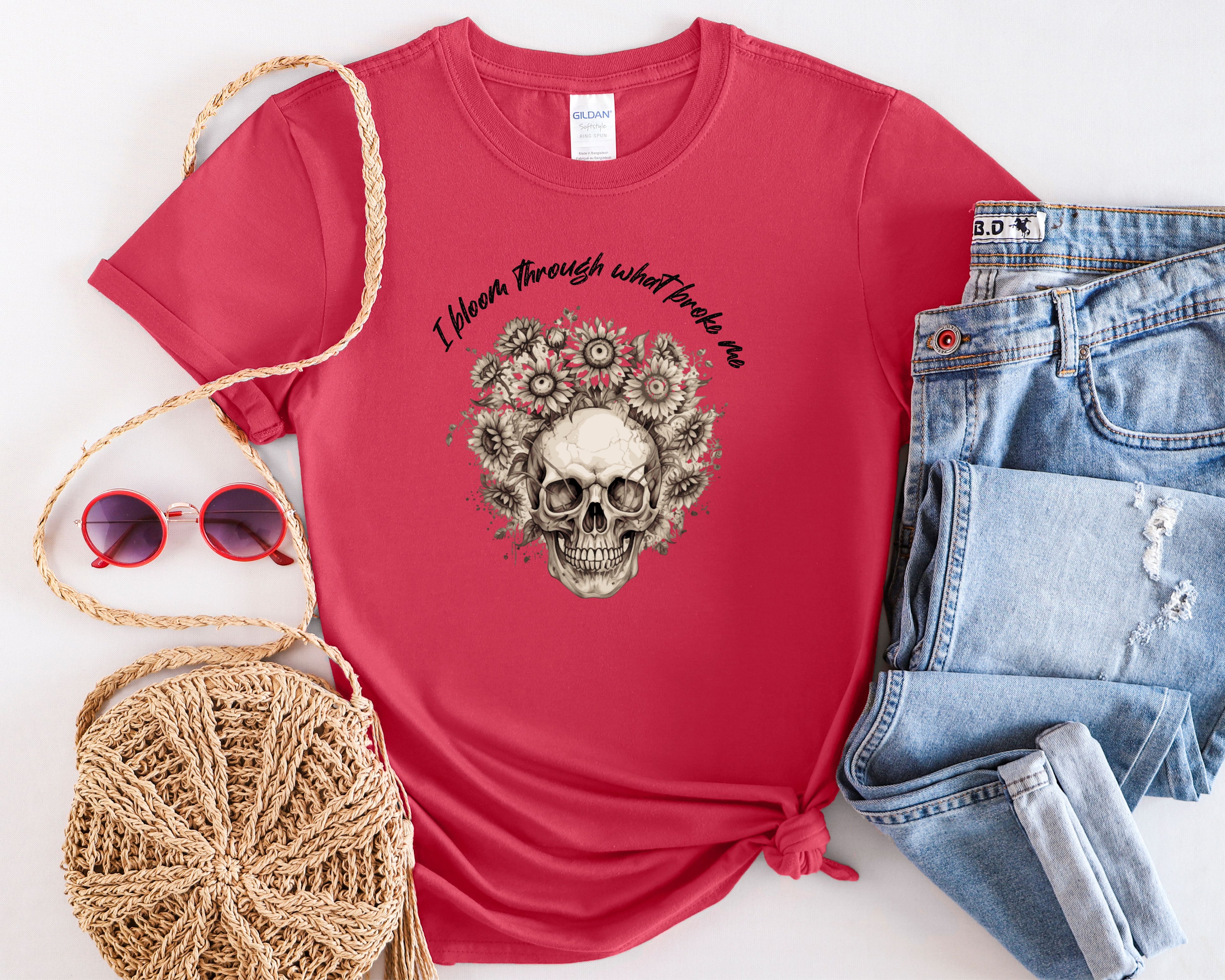 Skull with Sunflowers T-Shirt | I Bloom Through What Breaks Me
