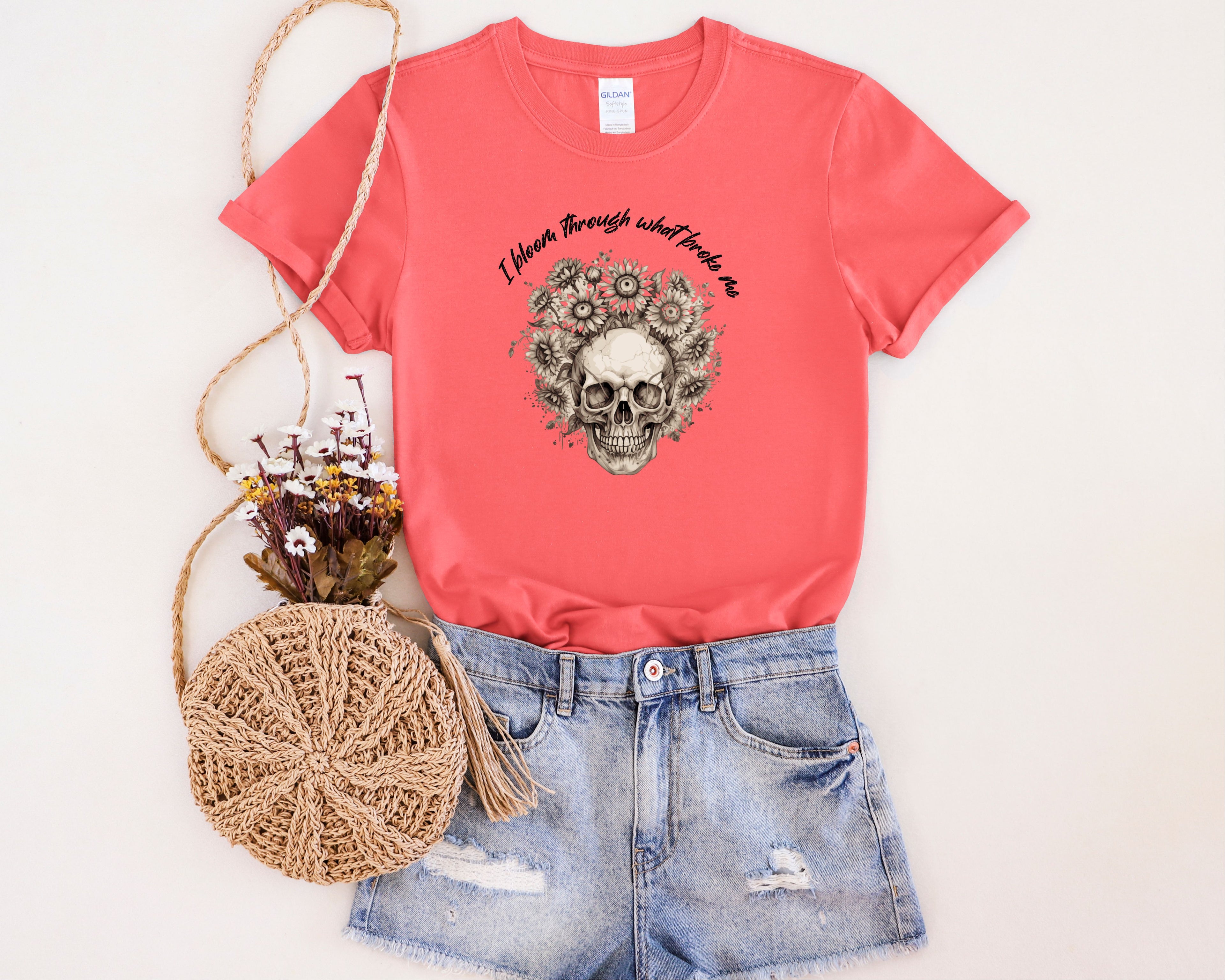 Skull with Sunflowers T-Shirt | I Bloom Through What Breaks Me