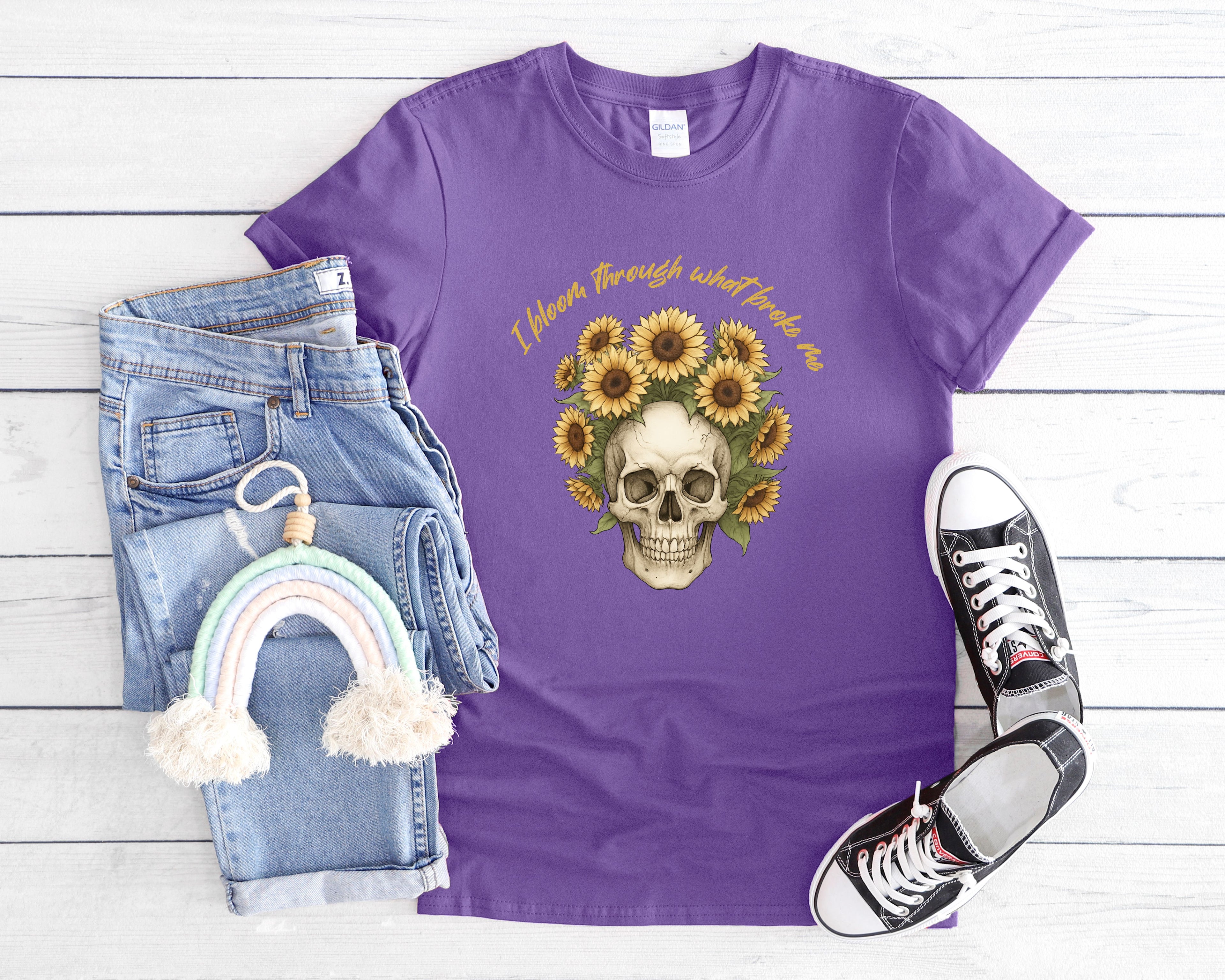 Skull with Sunflowers T-Shirt | I Bloom Through What Breaks Me