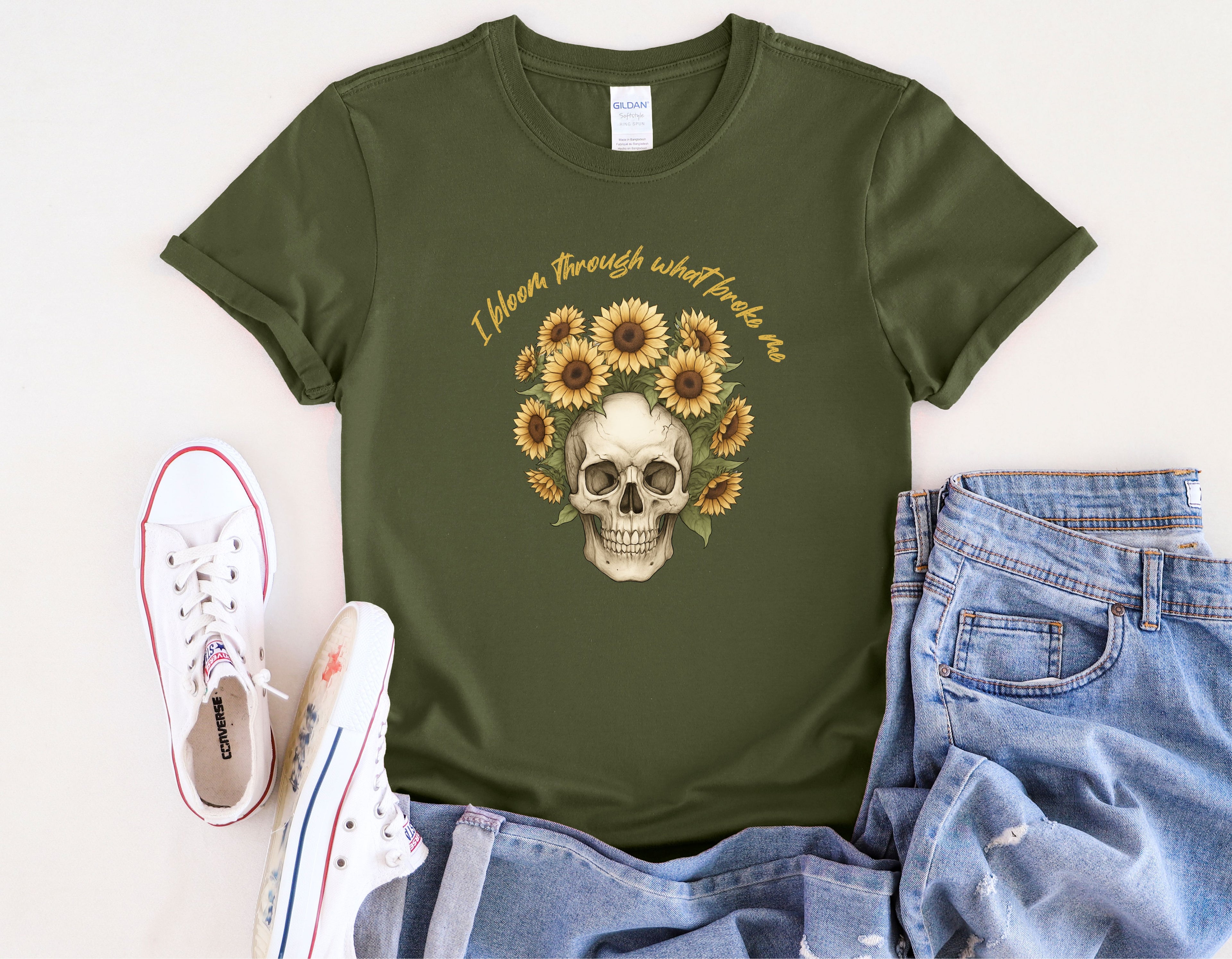 Skull with Sunflowers T-Shirt | I Bloom Through What Breaks Me