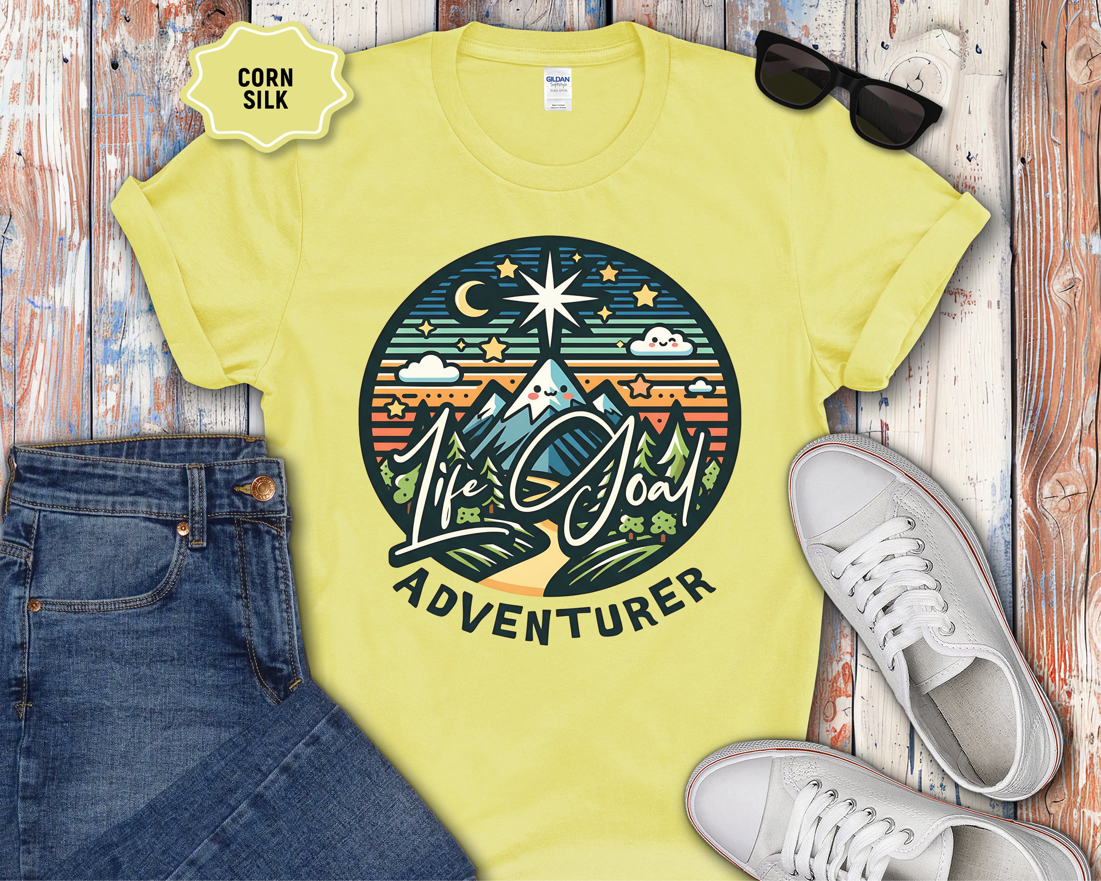 Life Is Good Adventurer T-Shirt | Mountain Camping Sunrise Graphic