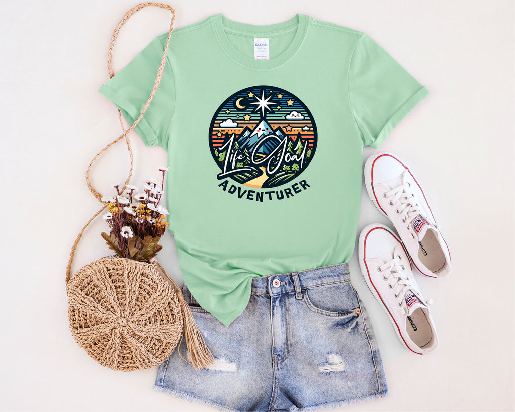 Life Is Good Adventurer T-Shirt | Mountain Camping Sunrise Graphic