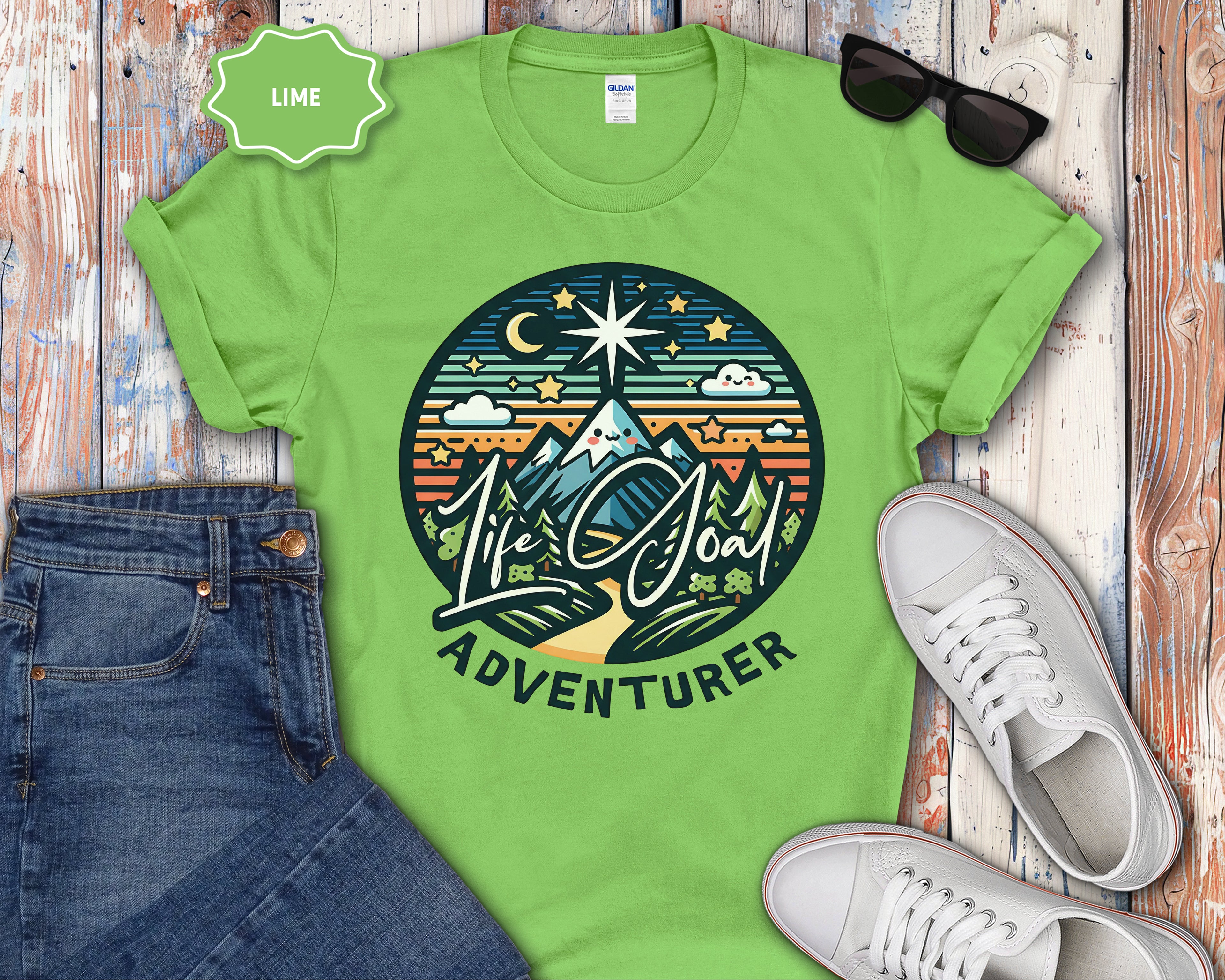 Life Is Good Adventurer T-Shirt | Mountain Camping Sunrise Graphic