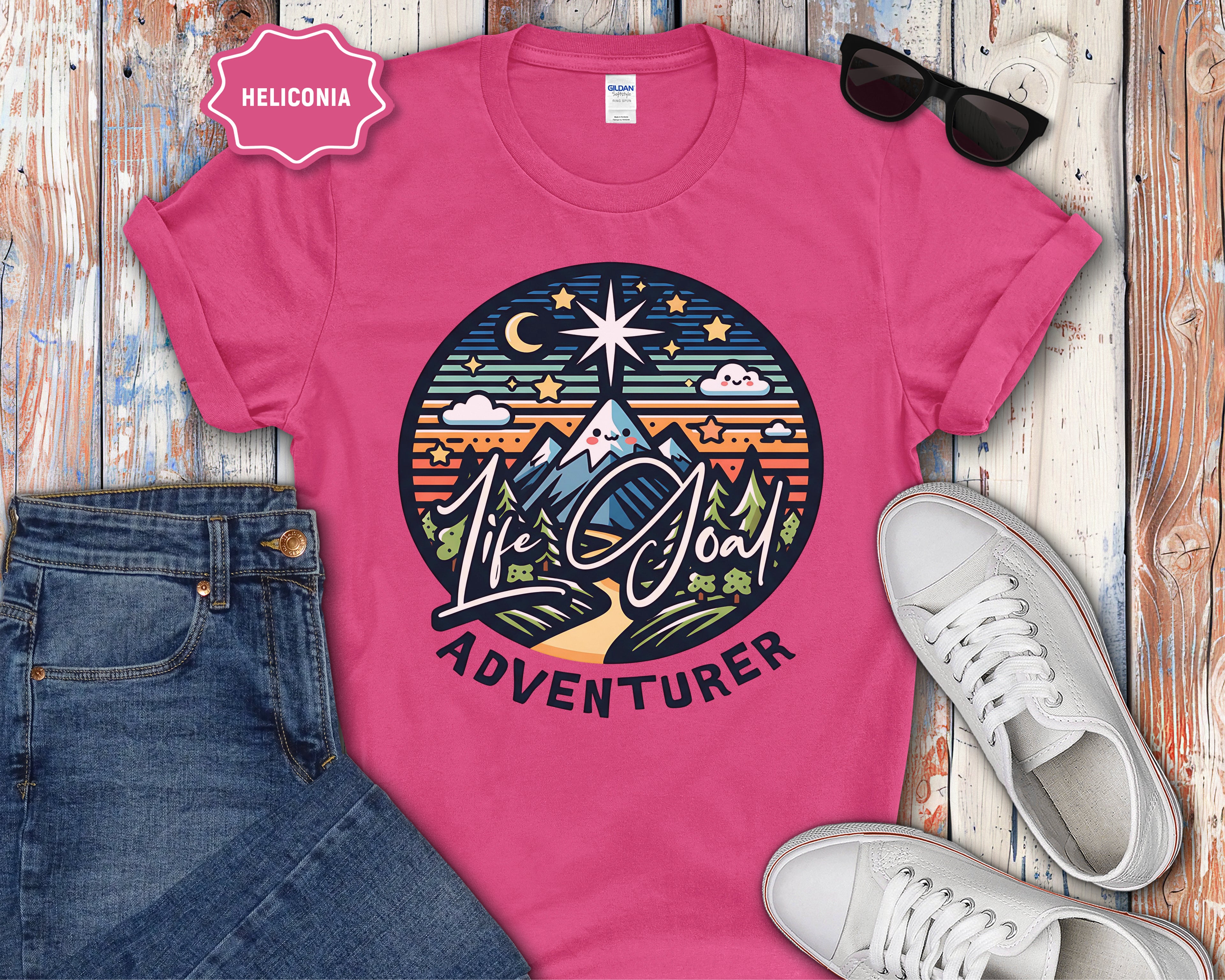 Life Is Good Adventurer T-Shirt | Mountain Camping Sunrise Graphic