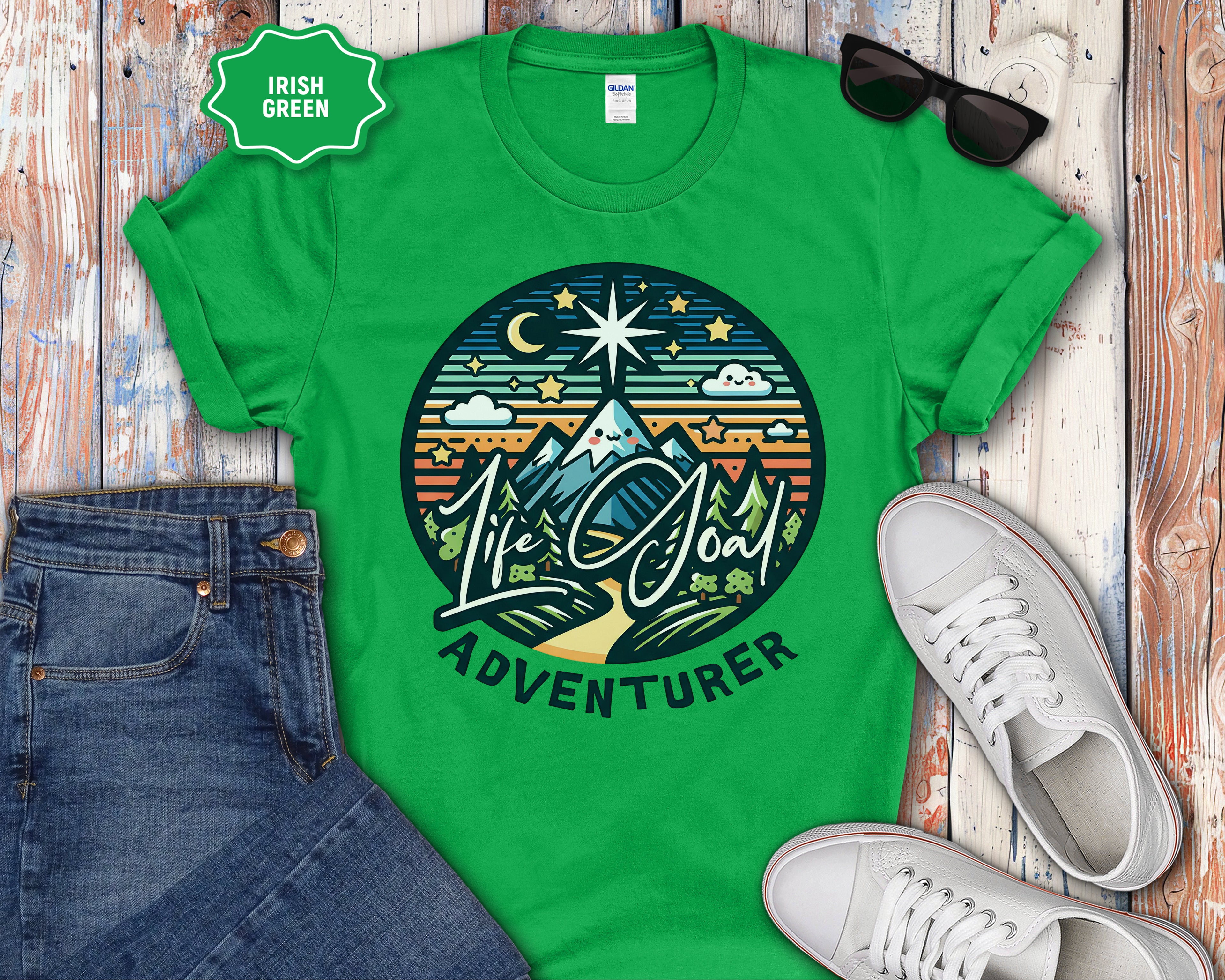 Life Is Good Adventurer T-Shirt | Mountain Camping Sunrise Graphic