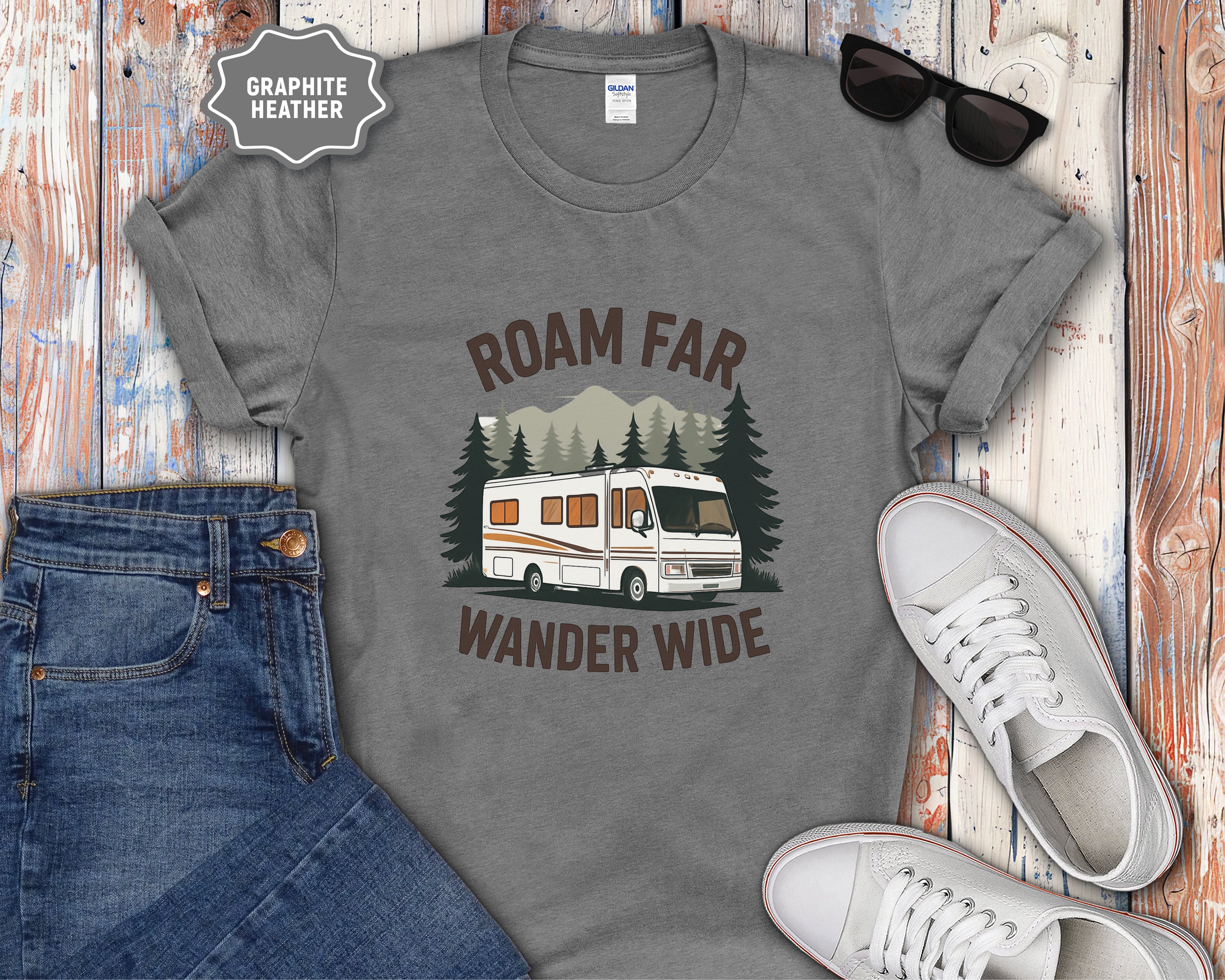 Roam Far Wander Wide Class A RV Motorhome T-Shirt