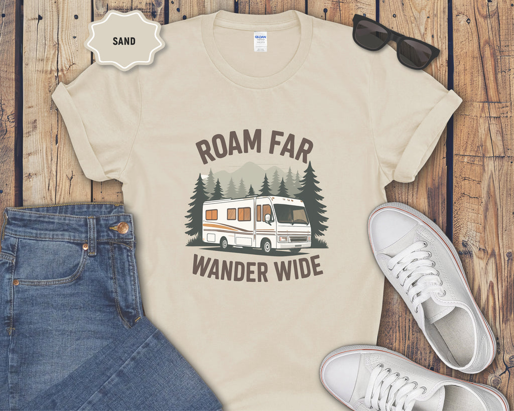 Roam Far Wander Wide Class A RV Motorhome T-Shirt