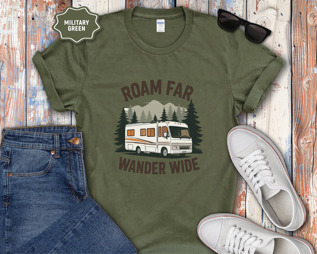 Roam Far Wander Wide Class A RV Motorhome T-Shirt