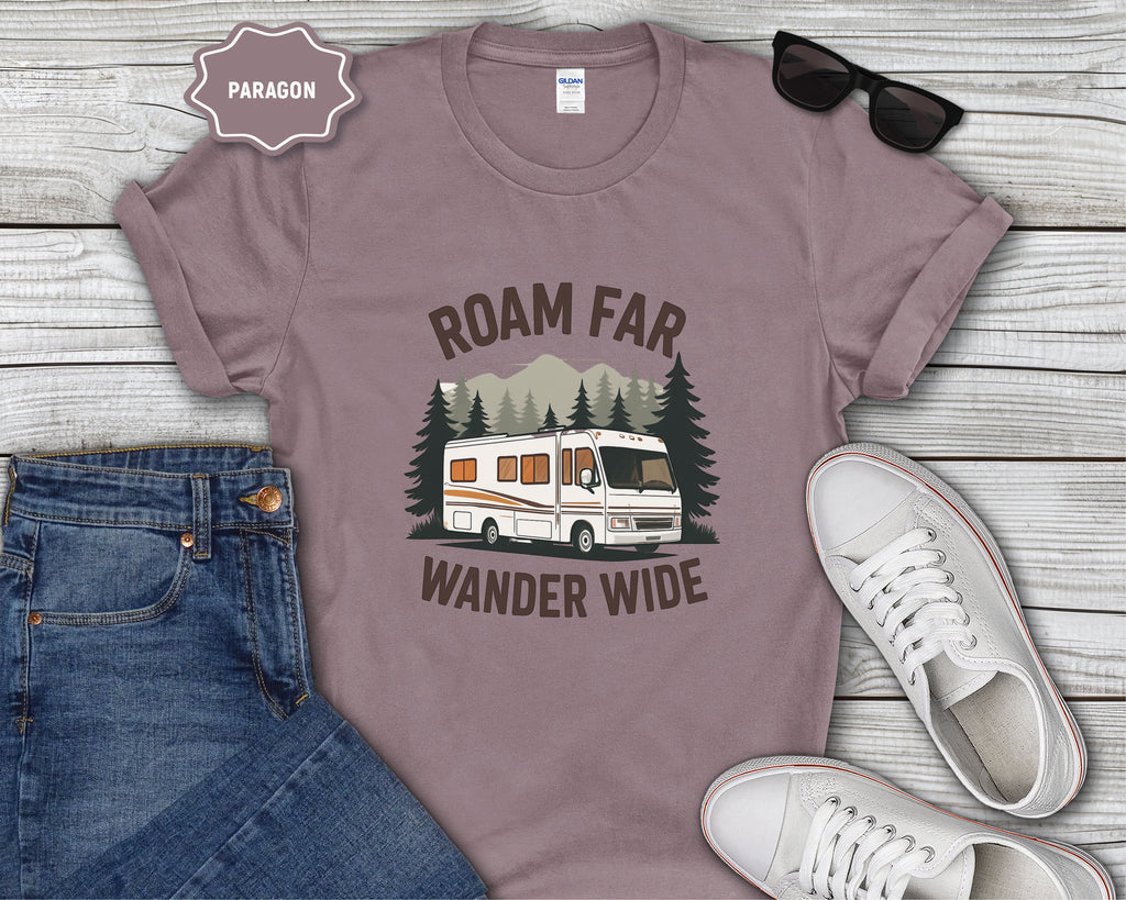 Roam Far Wander Wide Class A RV Motorhome T-Shirt