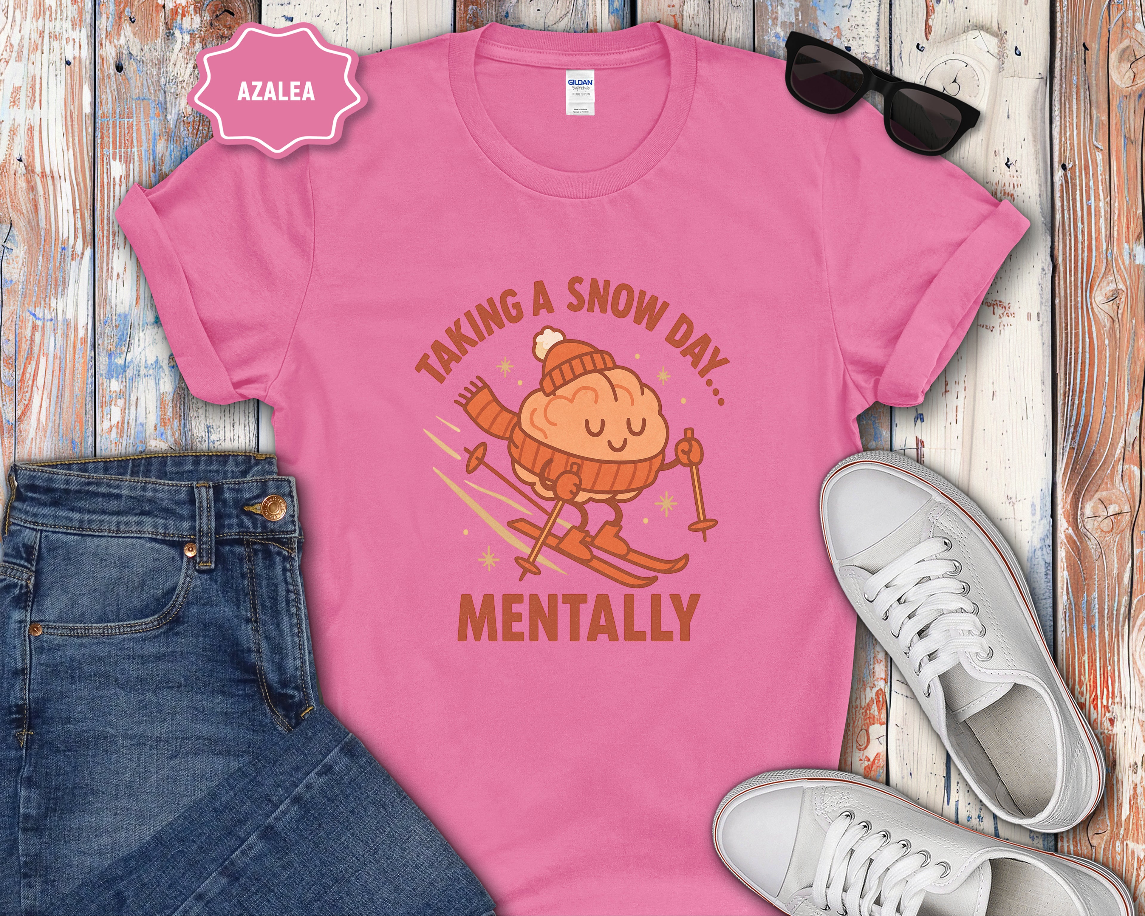 Skiing Brain Character Taking a Snow Day Mentally T-Shirt | Winter Humor