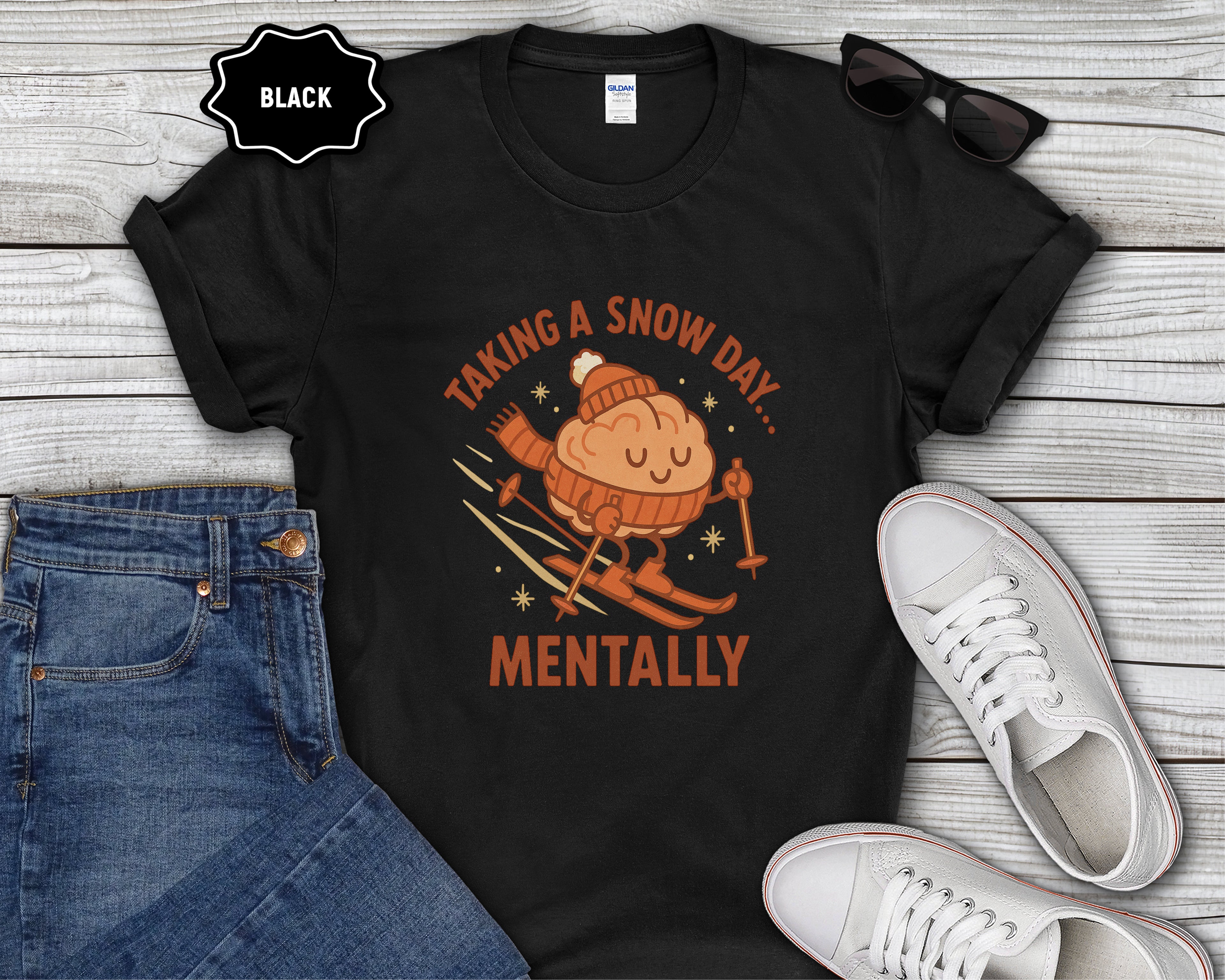 Skiing Brain Character Taking a Snow Day Mentally T-Shirt | Winter Humor