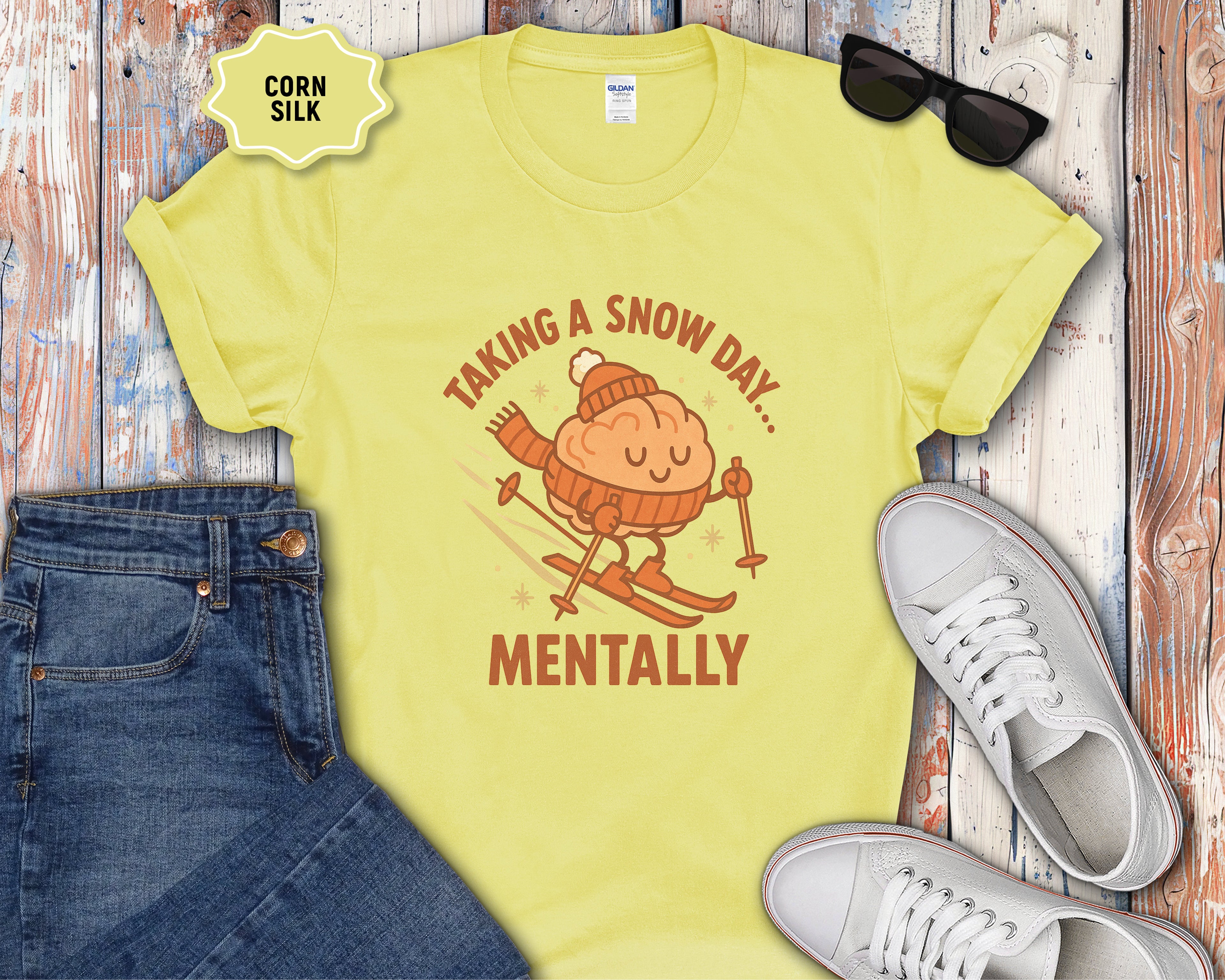 Skiing Brain Character Taking a Snow Day Mentally T-Shirt | Winter Humor