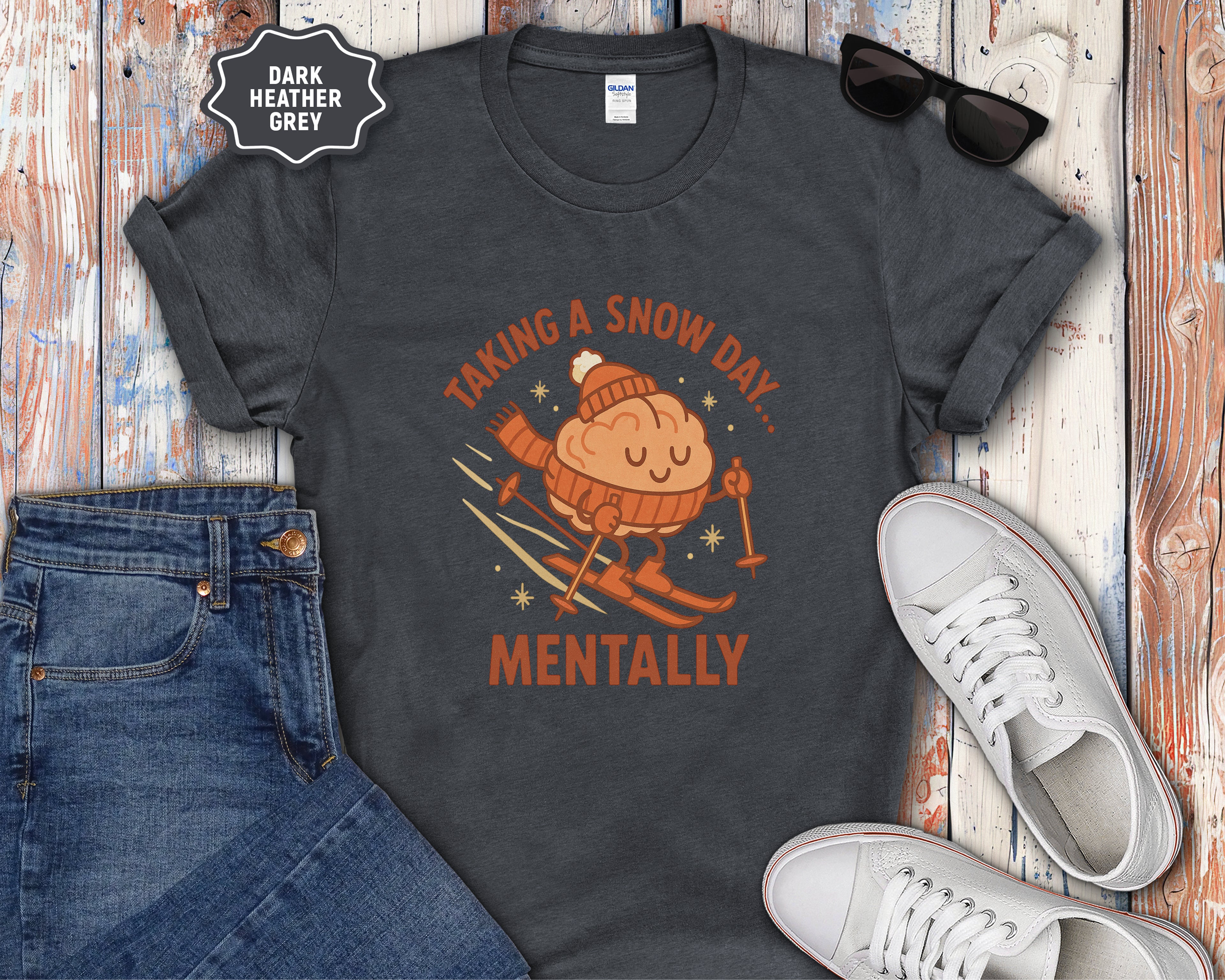 Skiing Brain Character Taking a Snow Day Mentally T-Shirt | Winter Humor