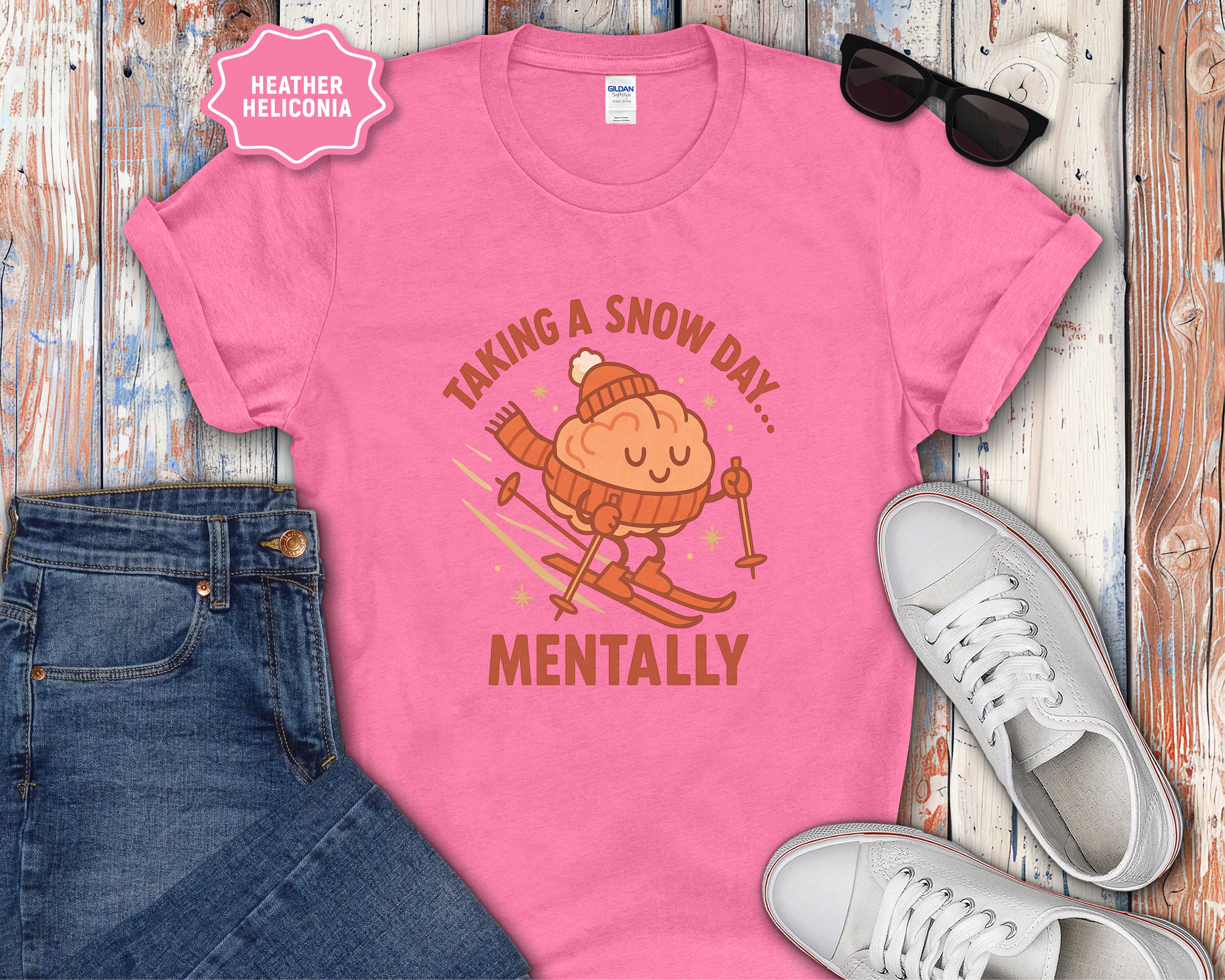 Skiing Brain Character Taking a Snow Day Mentally T-Shirt | Winter Humor