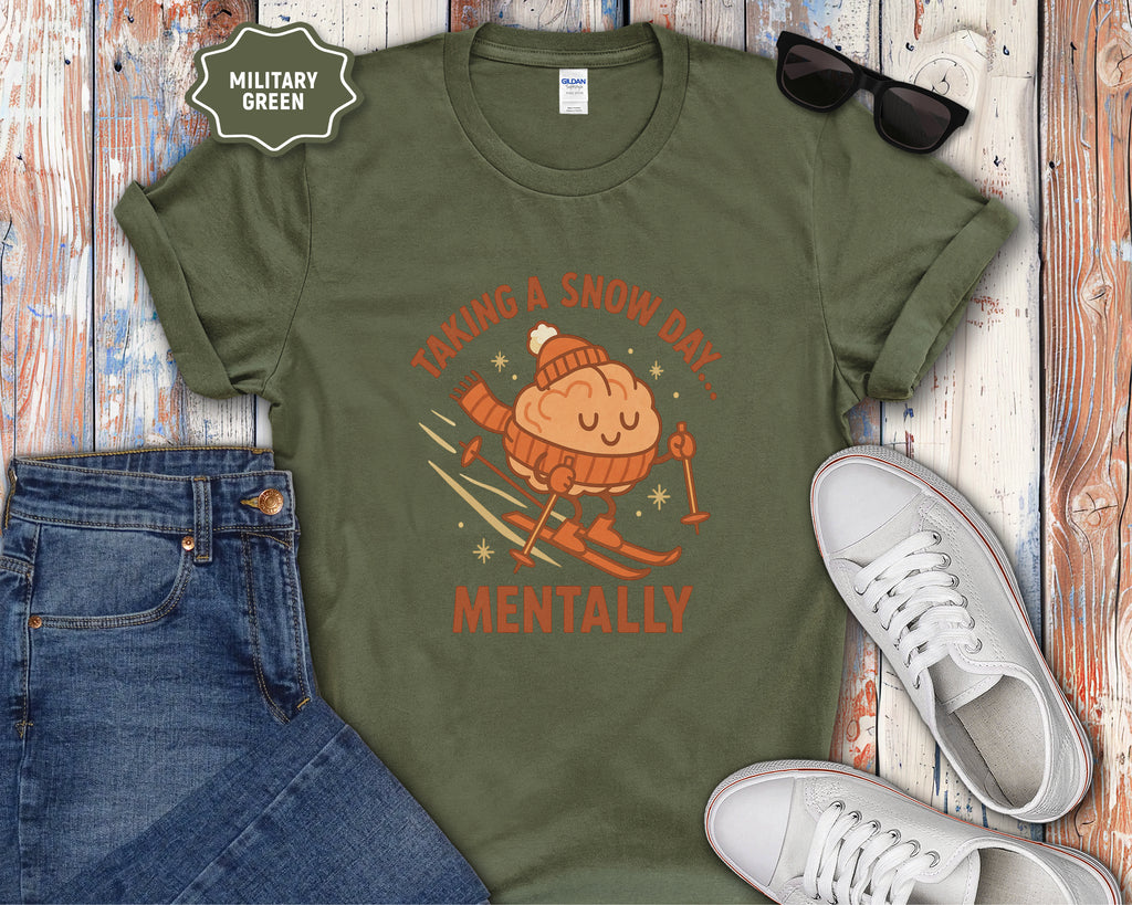 Skiing Brain Character Taking a Snow Day Mentally T-Shirt | Winter Humor