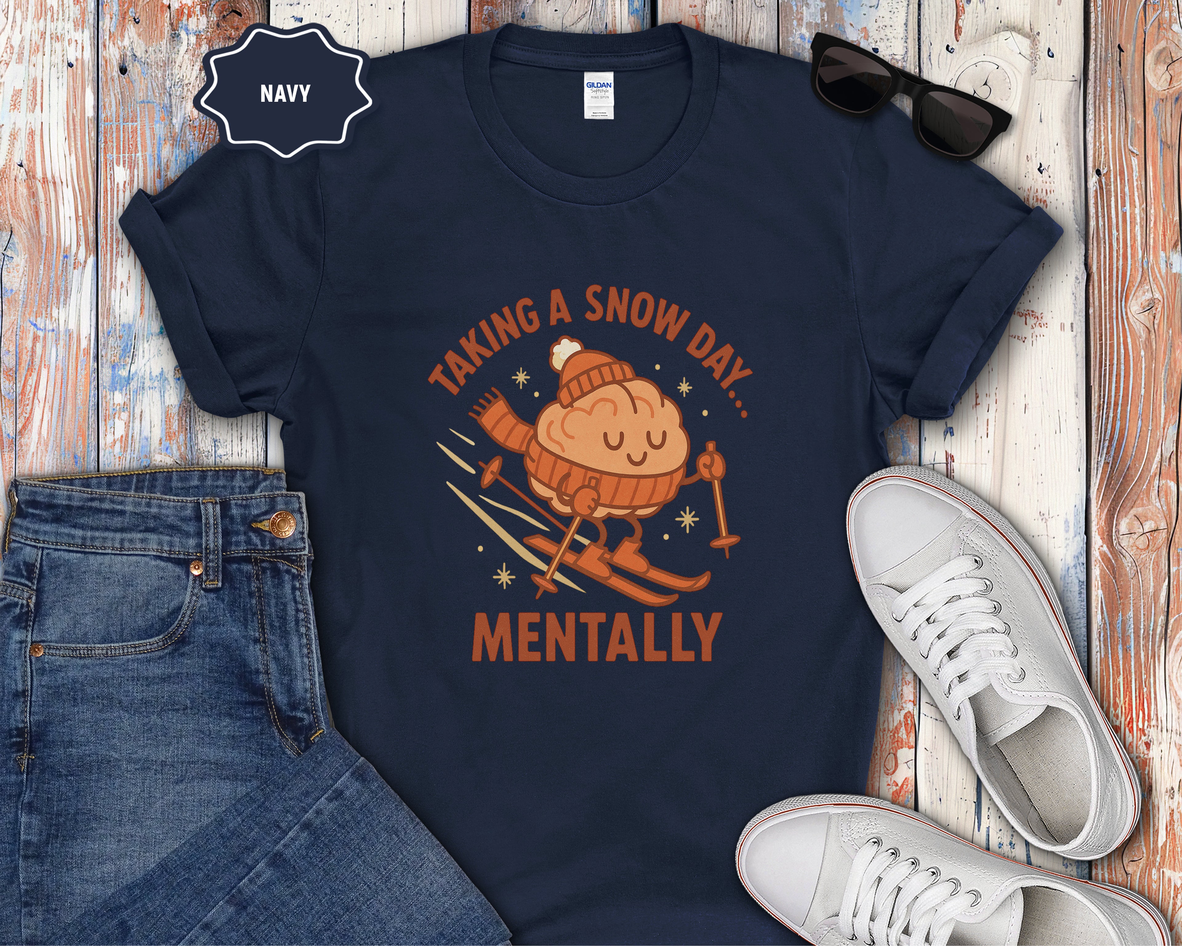 Skiing Brain Character Taking a Snow Day Mentally T-Shirt | Winter Humor