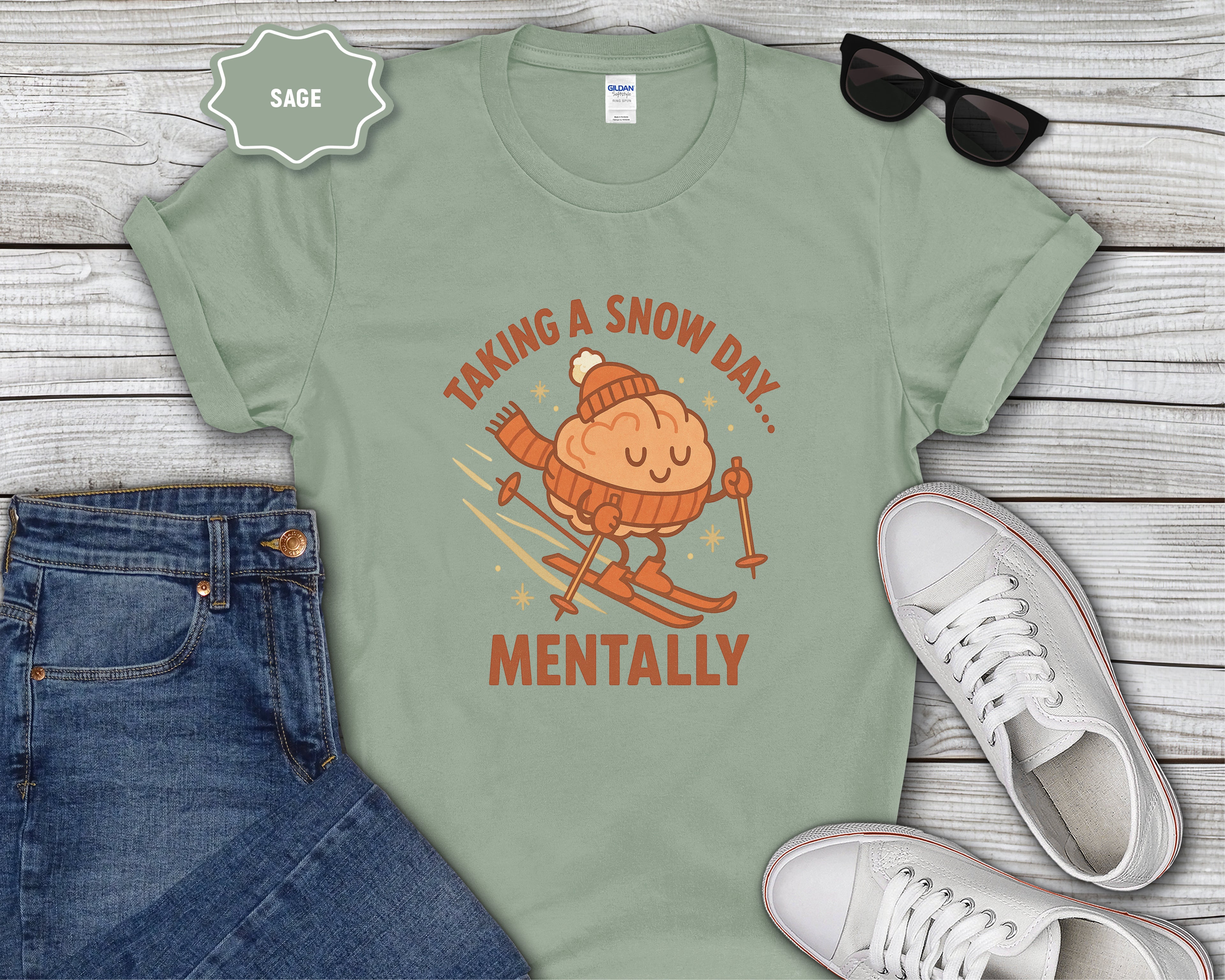 Skiing Brain Character Taking a Snow Day Mentally T-Shirt | Winter Humor