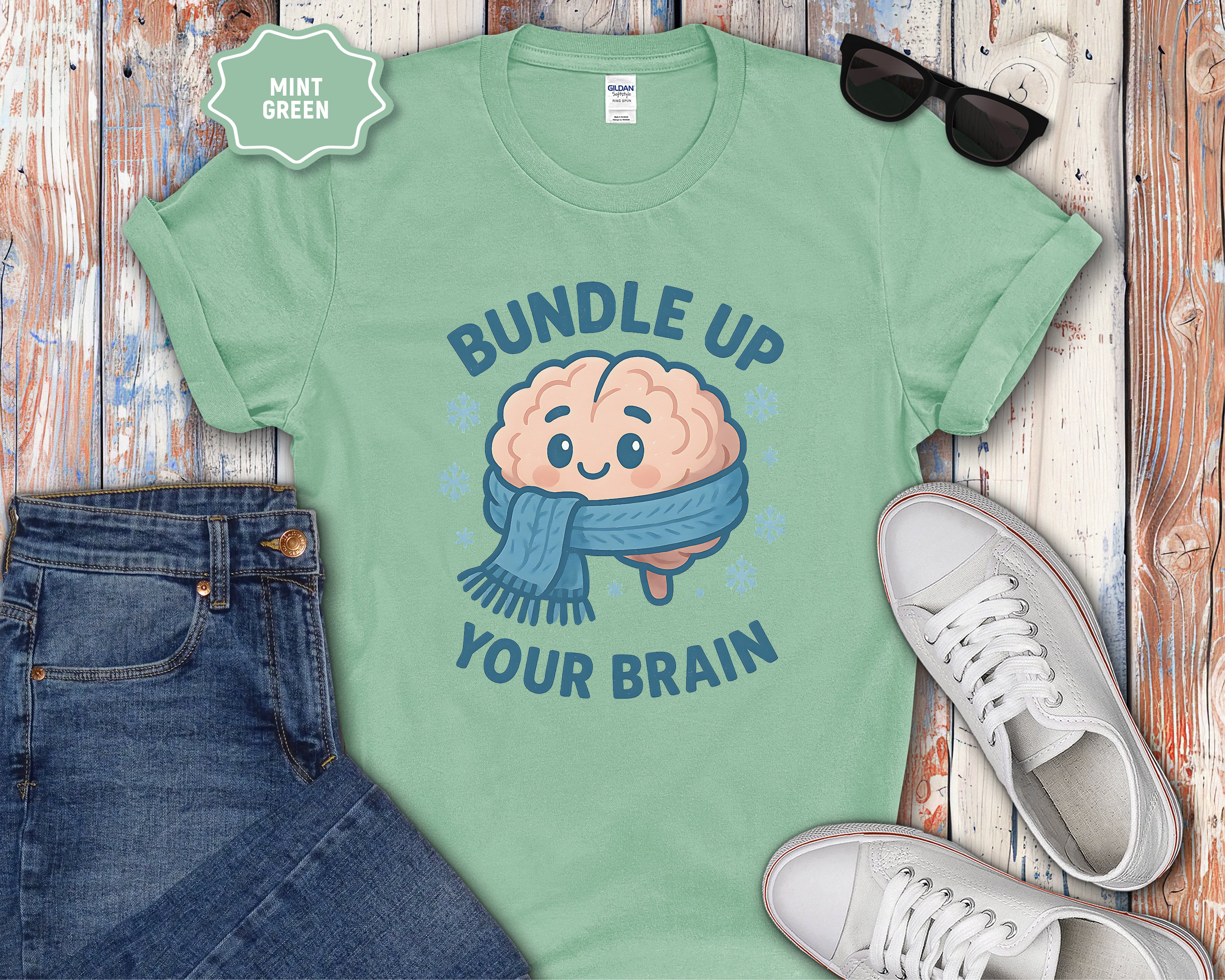 Bundle Up Your Brain T-Shirt | Cute Brain Illustration, Winter Scarf Design