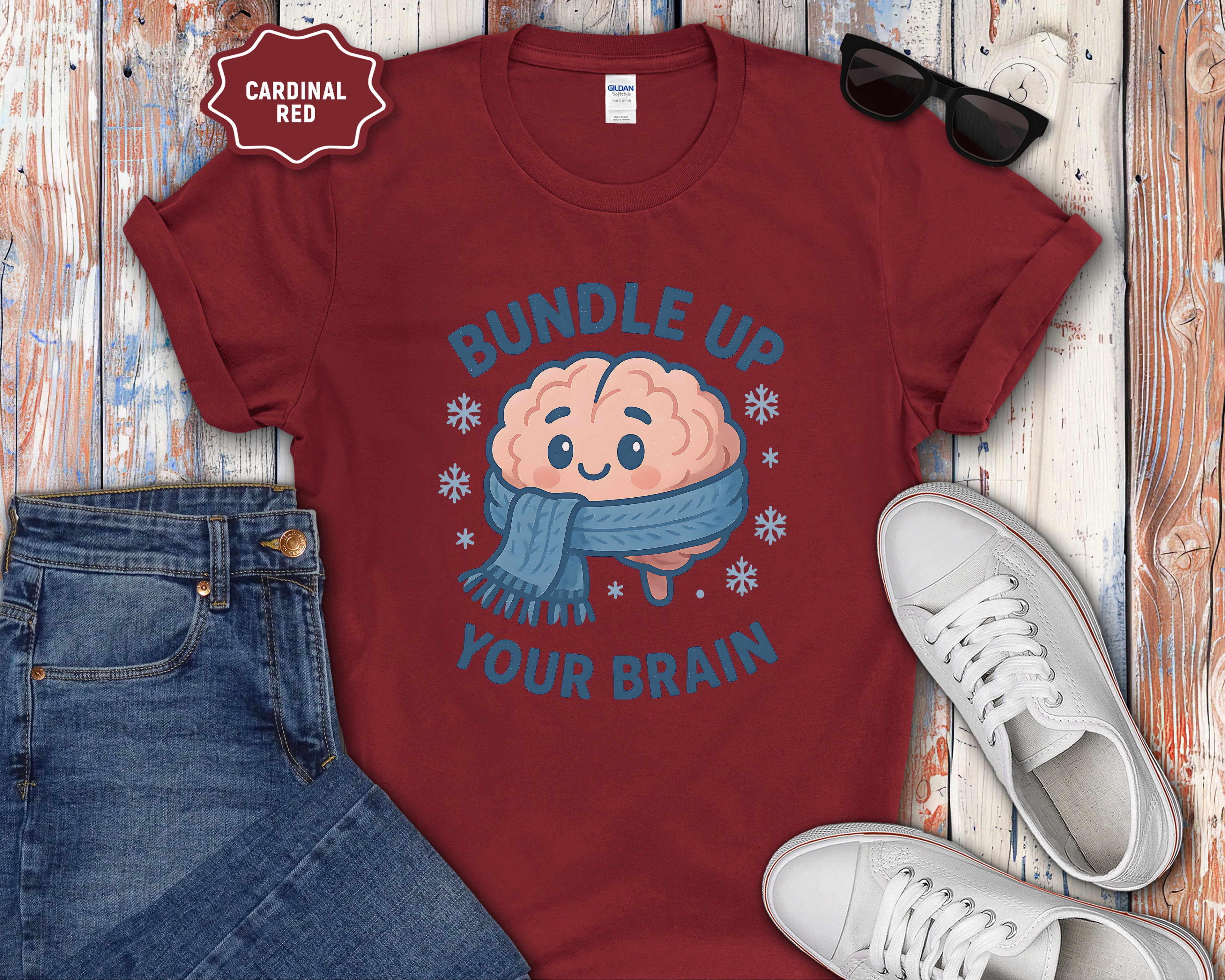 Bundle Up Your Brain T-Shirt | Cute Brain Illustration, Winter Scarf Design
