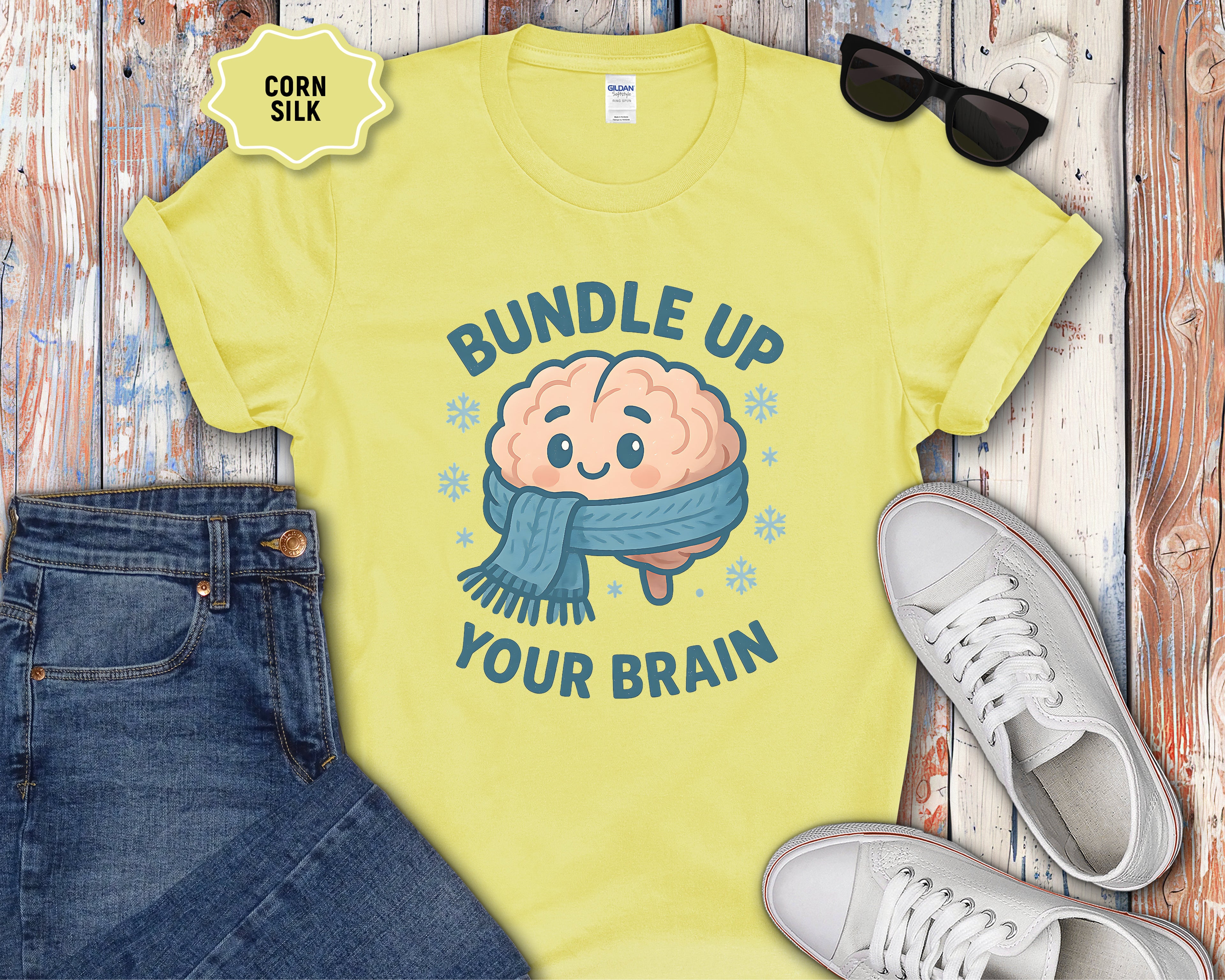 Bundle Up Your Brain T-Shirt | Cute Brain Illustration, Winter Scarf Design