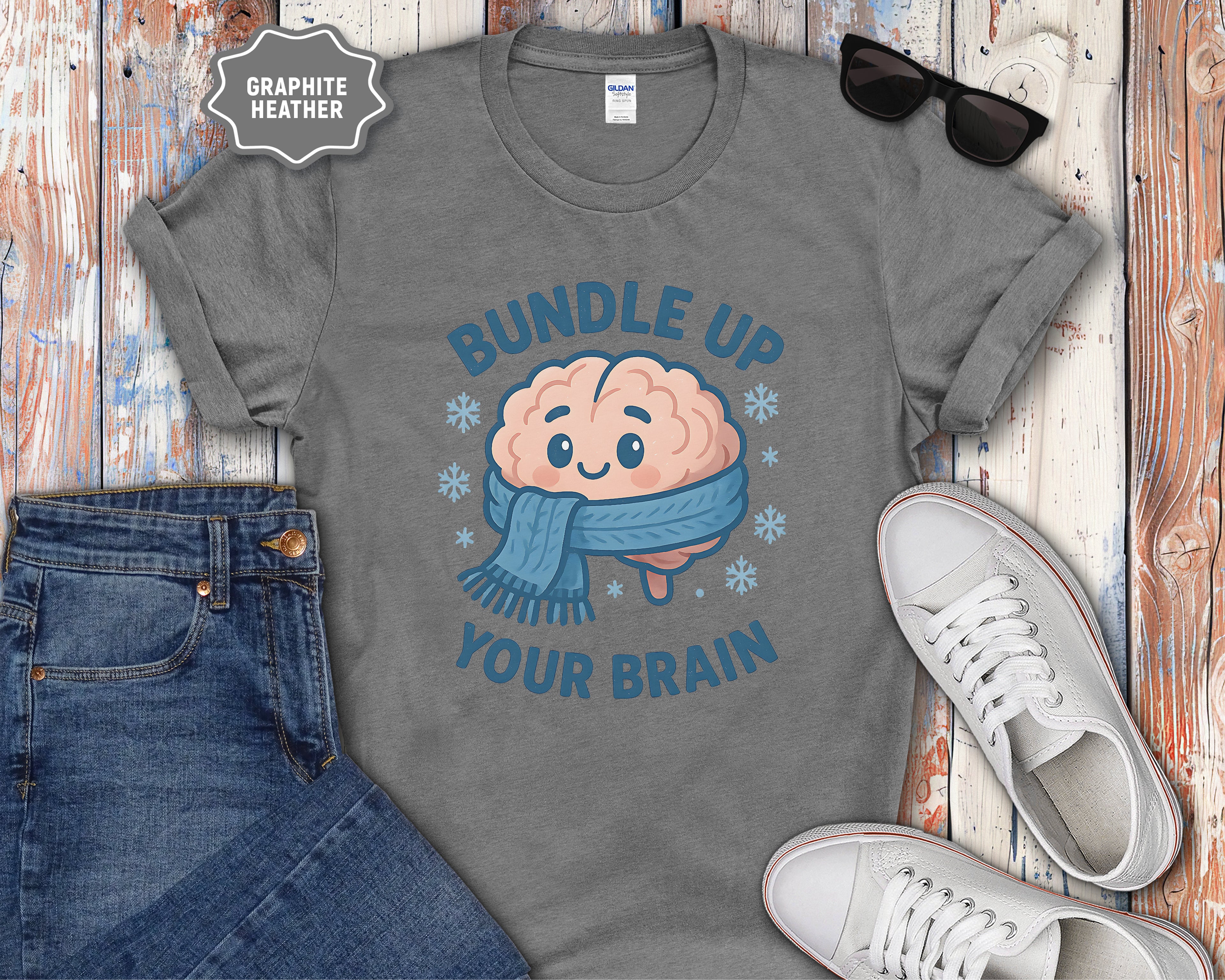Bundle Up Your Brain T-Shirt | Cute Brain Illustration, Winter Scarf Design