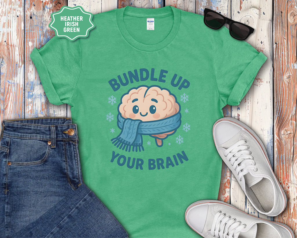 Bundle Up Your Brain T-Shirt | Cute Brain Illustration, Winter Scarf Design