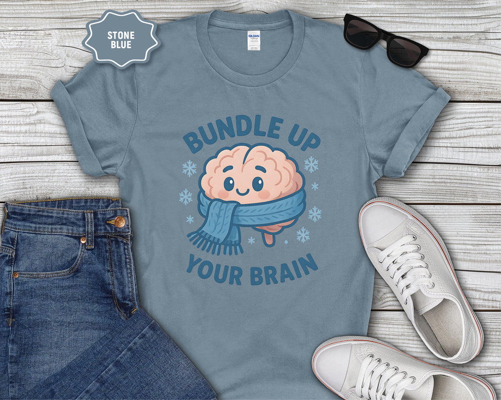 Bundle Up Your Brain T-Shirt | Cute Brain Illustration, Winter Scarf Design