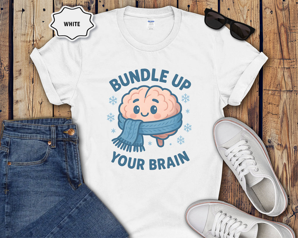 Bundle Up Your Brain T-Shirt | Cute Brain Illustration, Winter Scarf Design