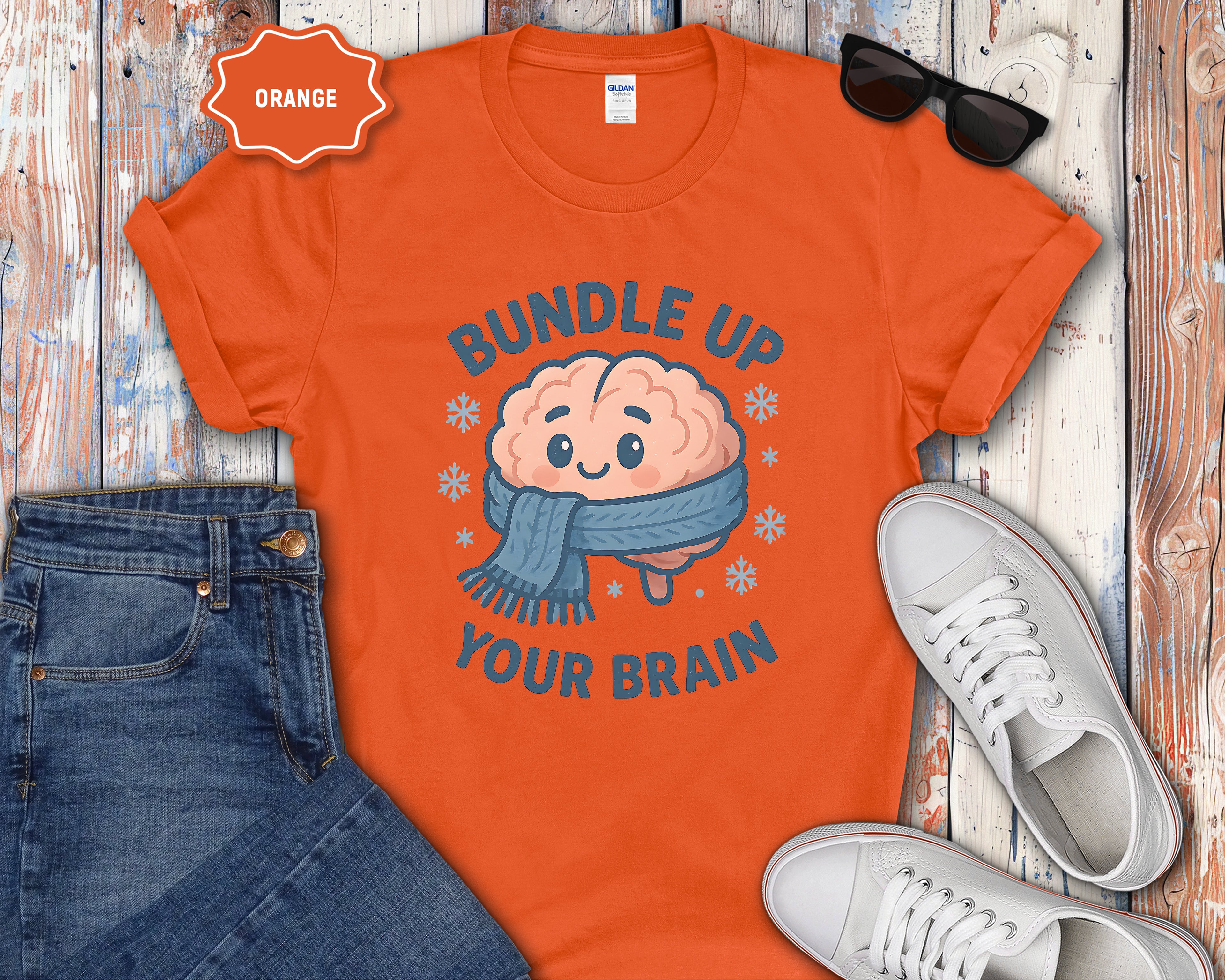 Bundle Up Your Brain T-Shirt | Cute Brain Illustration, Winter Scarf Design