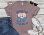 Bundle Up Your Brain T-Shirt | Cute Brain Illustration, Winter Scarf Design