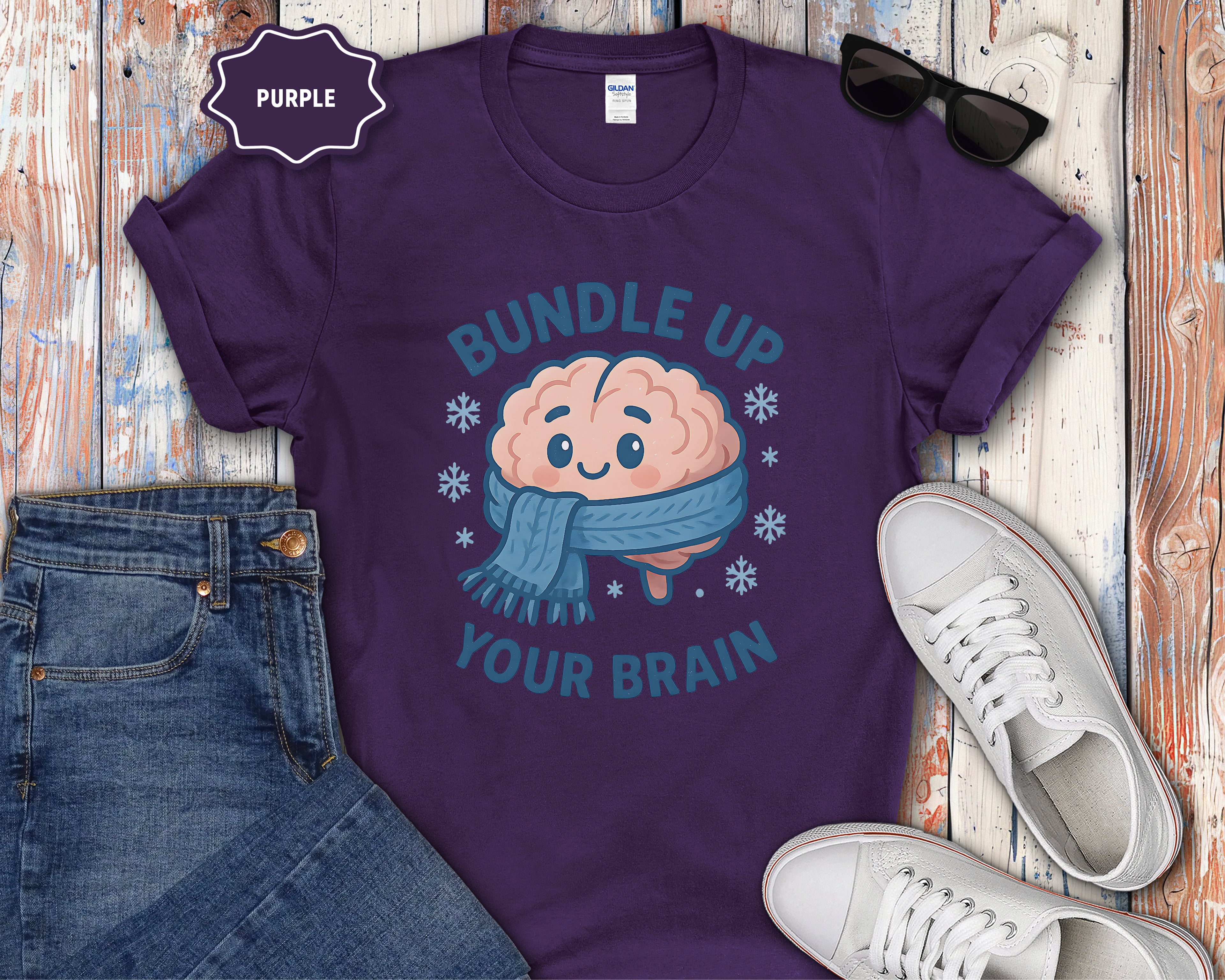 Bundle Up Your Brain T-Shirt | Cute Brain Illustration, Winter Scarf Design