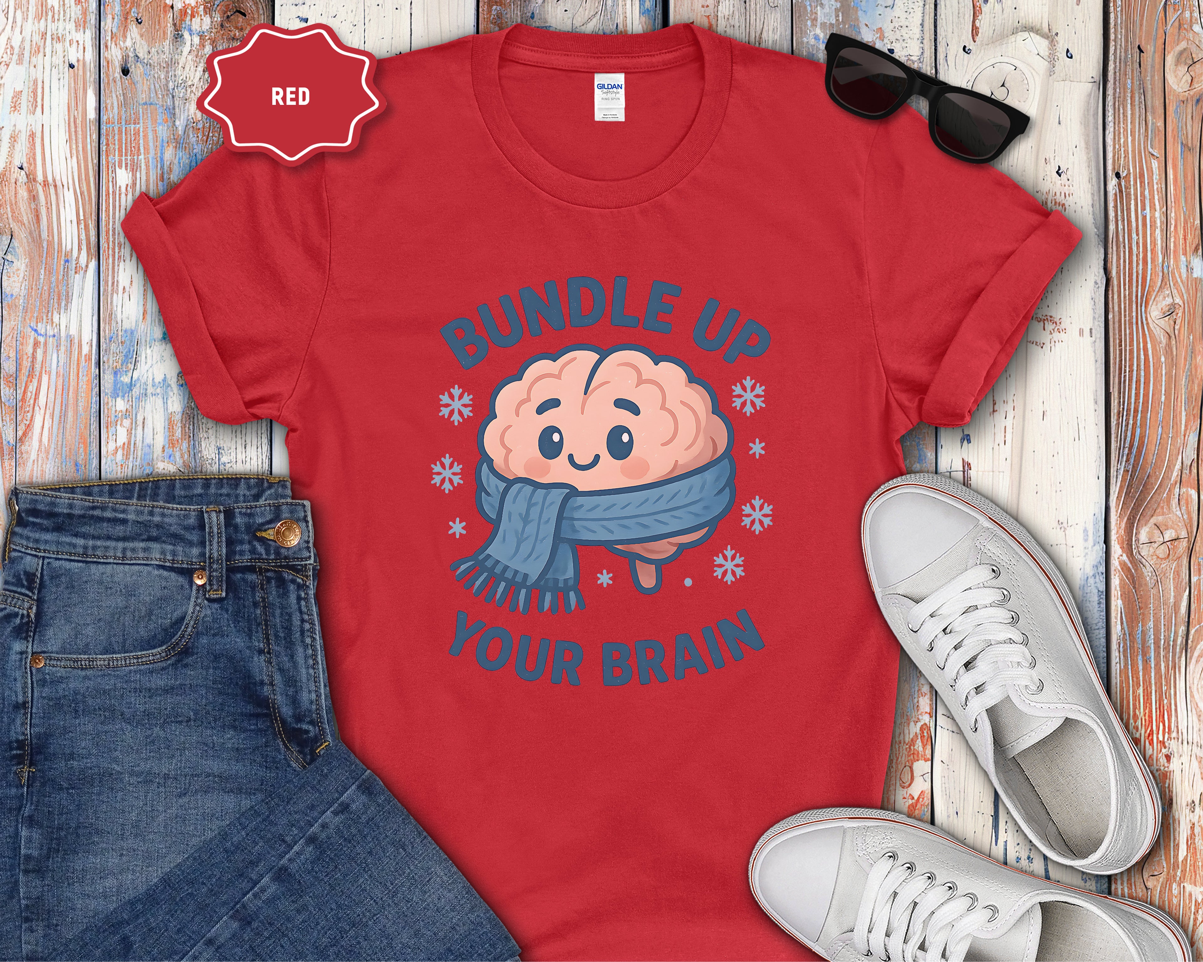 Bundle Up Your Brain T-Shirt | Cute Brain Illustration, Winter Scarf Design
