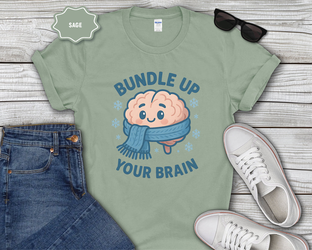Bundle Up Your Brain T-Shirt | Cute Brain Illustration, Winter Scarf Design