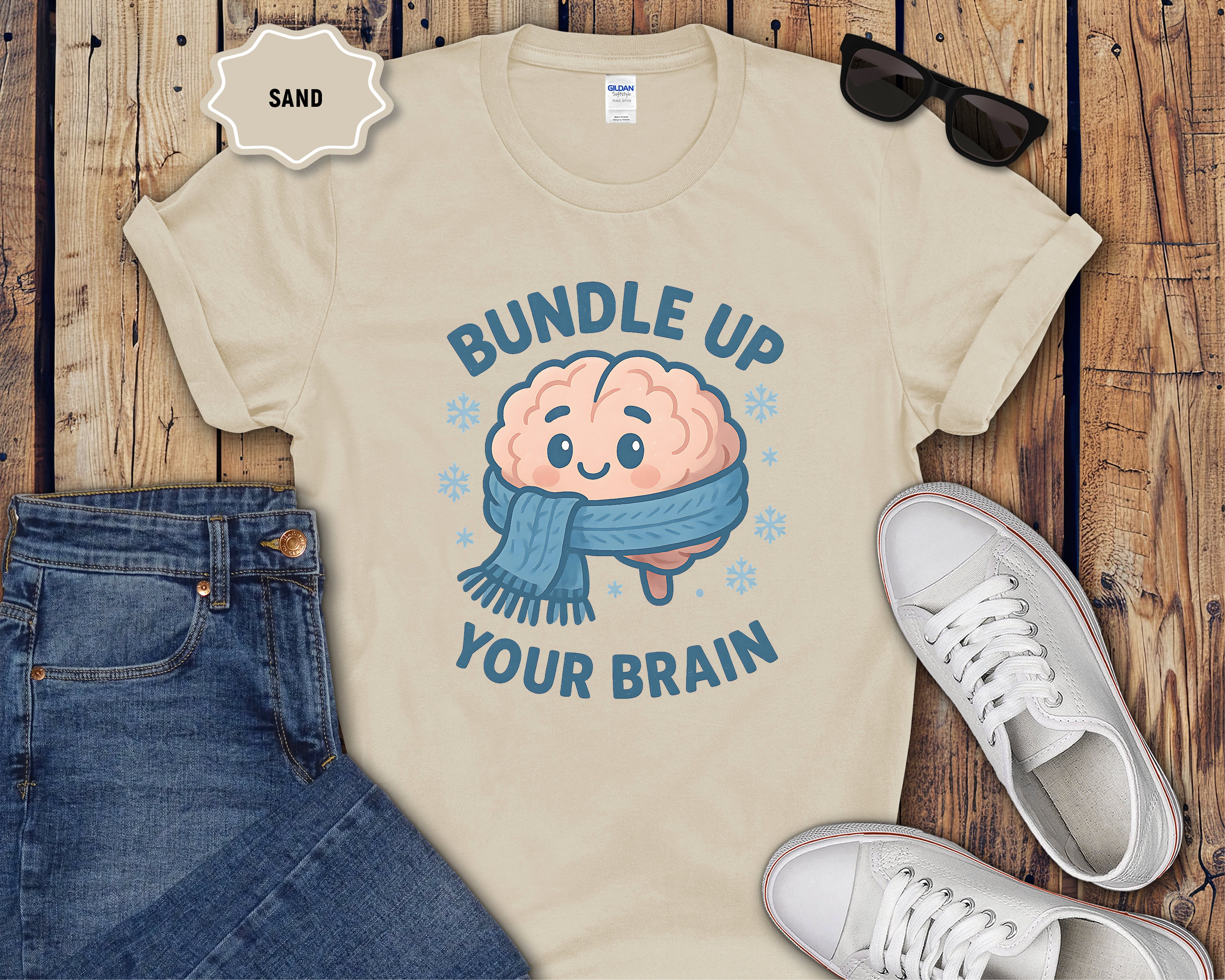 Bundle Up Your Brain T-Shirt | Cute Brain Illustration, Winter Scarf Design
